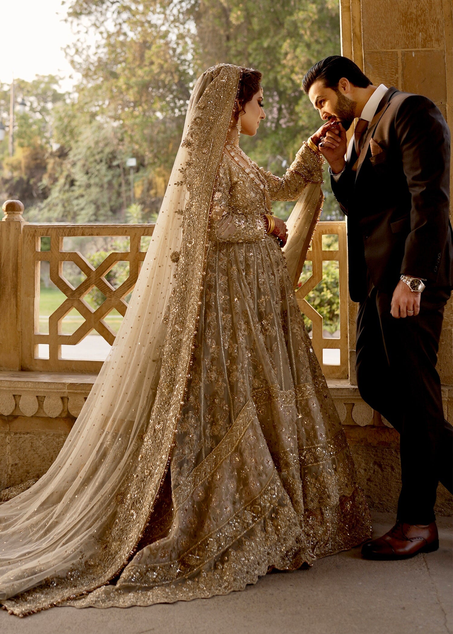 Pakistani Champagne Gold Embellished Net Bridal Gown (2-Piece) - Image 9