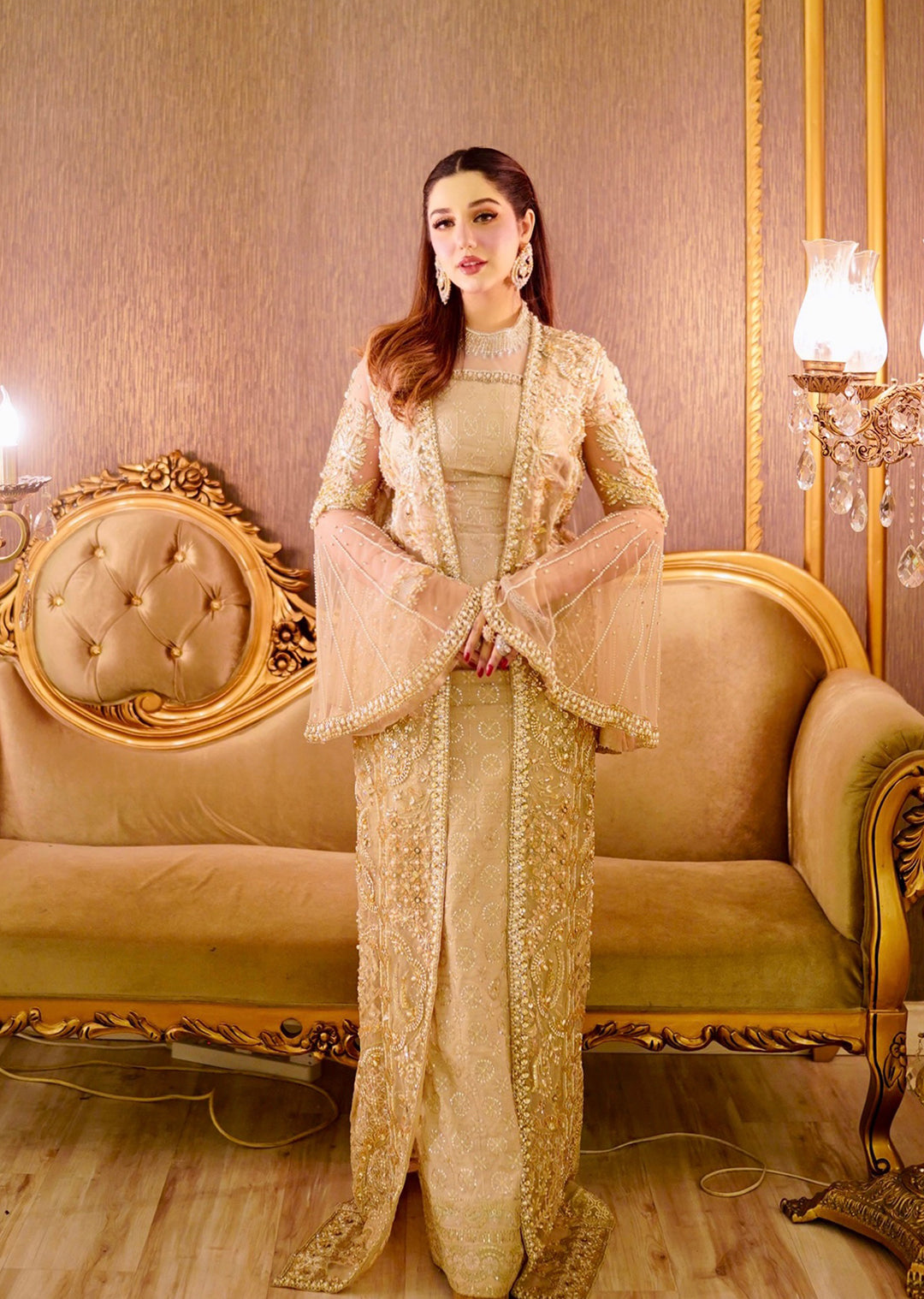 Pakistani Golden Embellished Net Long Jacket Gown (1-Pc) - Image 1