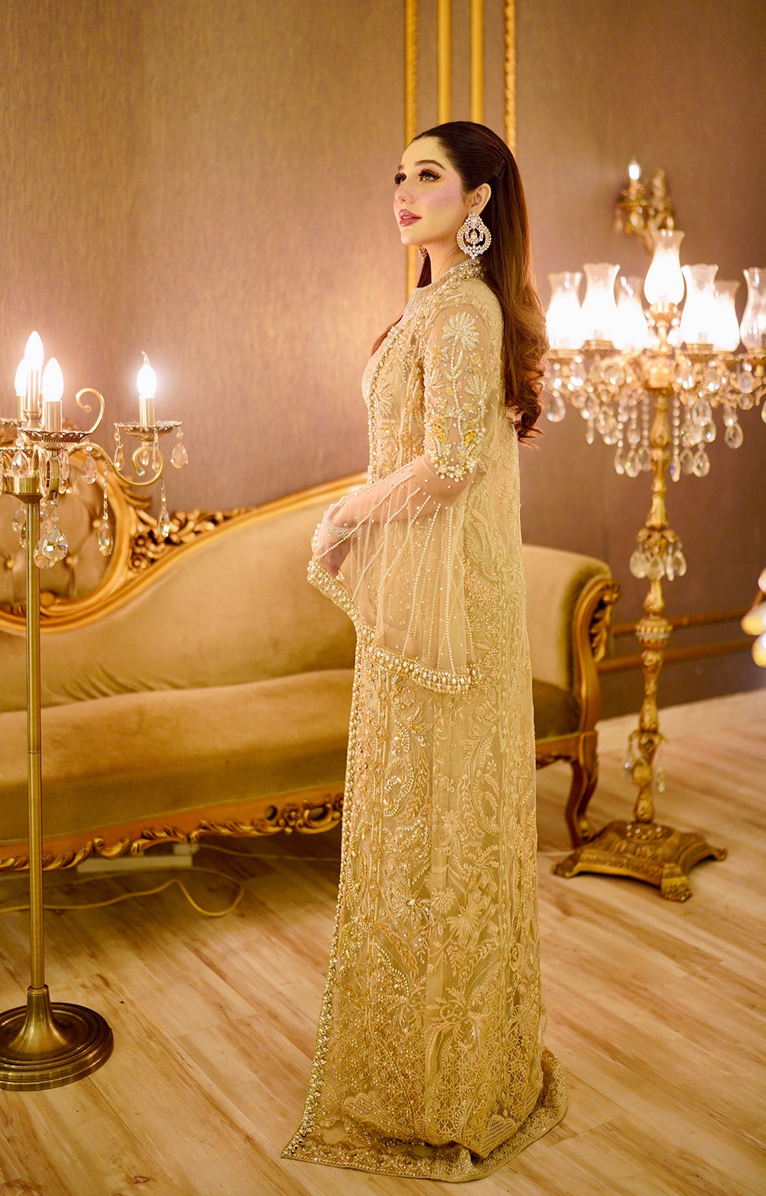 Pakistani Golden Embellished Net Long Jacket Gown (1-Pc) - Image 4