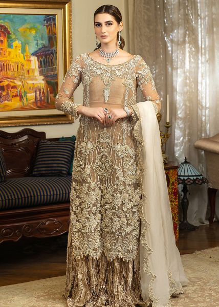 Indian Champagne Gold Embroidered Net Gown (2-Piece) - Image 2