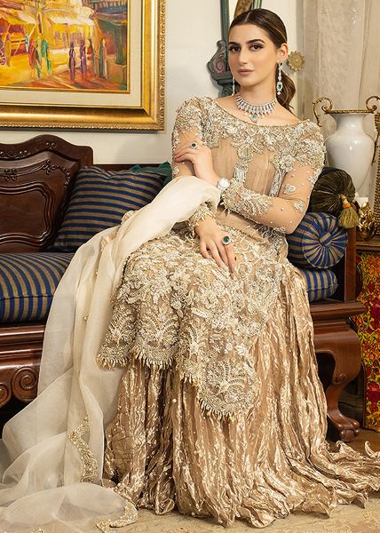 Indian Champagne Gold Embroidered Net Gown (2-Piece) - Image 3