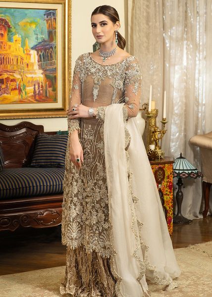 Indian Champagne Gold Embroidered Net Gown (2-Piece) - Image 4