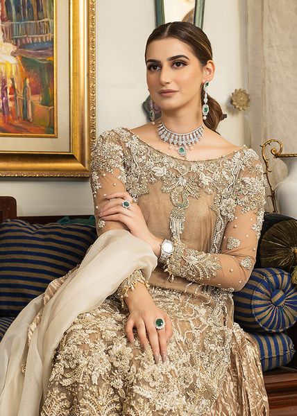 Indian Champagne Gold Embroidered Net Gown (2-Piece) - Image 5