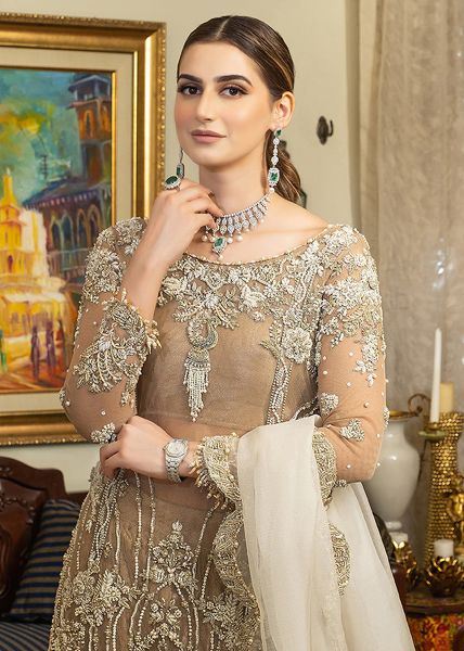 Indian Champagne Gold Embroidered Net Gown (2-Piece) - Image 6