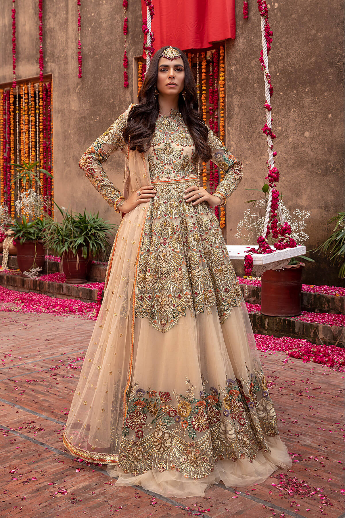 Pakistani Champagne Embroidered Net Gown (2-Piece) - Image 1