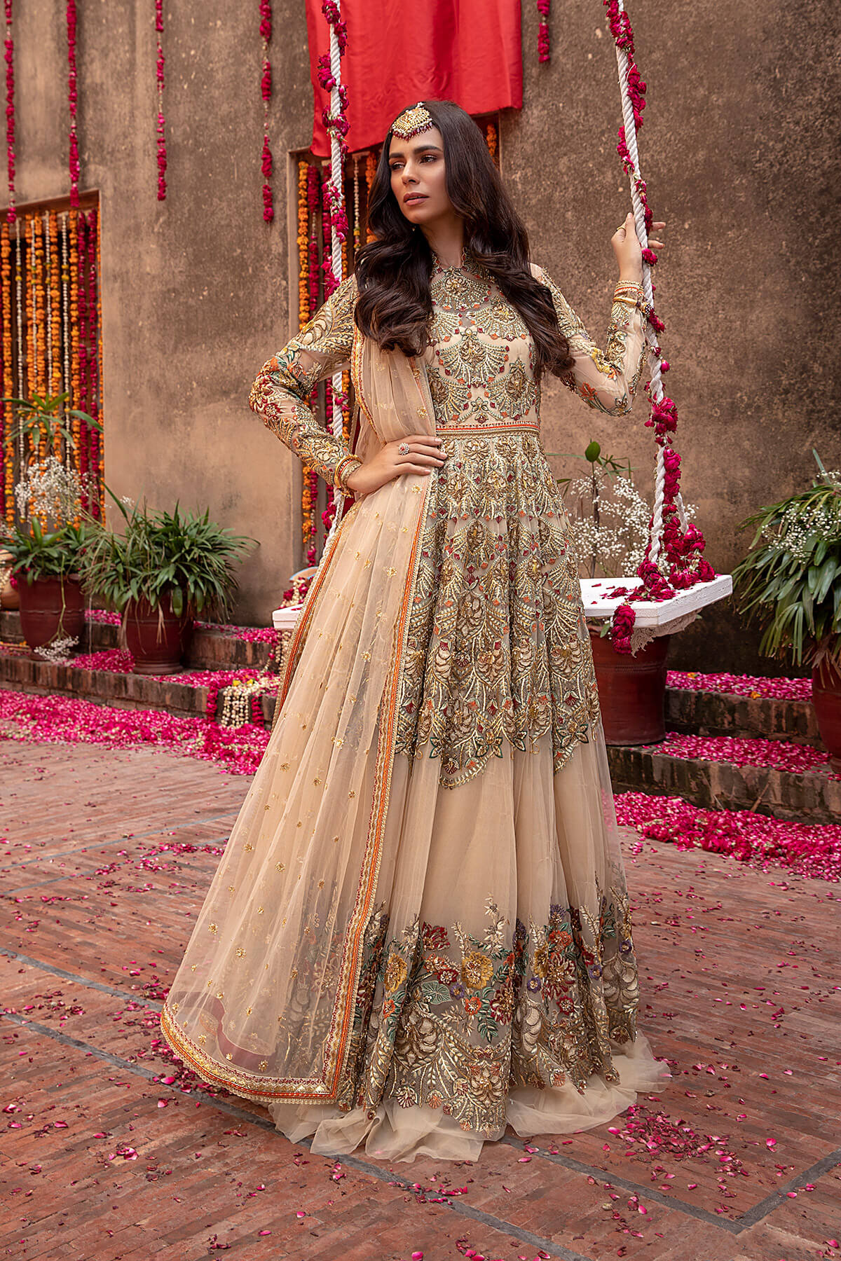 Pakistani Champagne Embroidered Net Gown (2-Piece) - Image 3