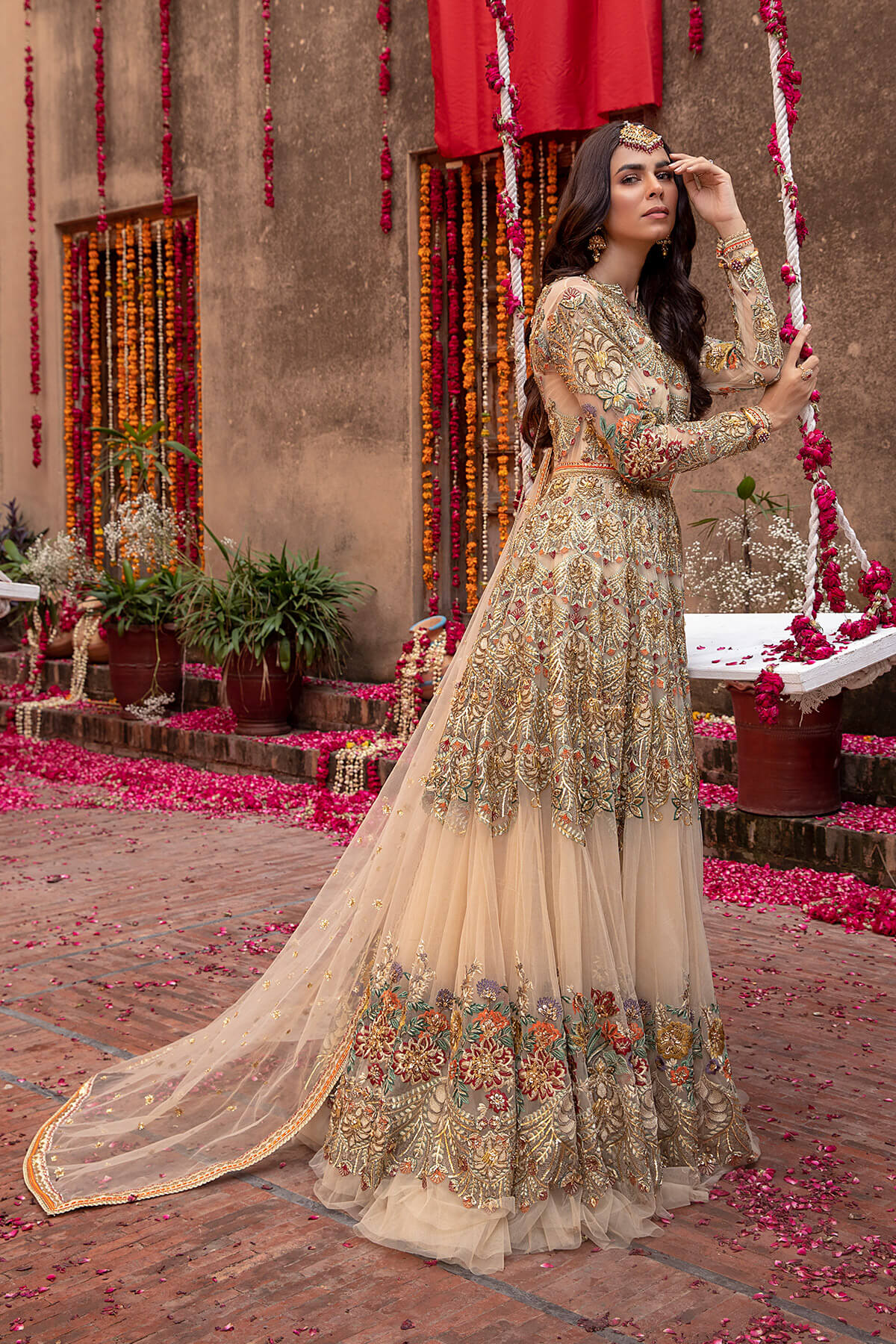 Pakistani Champagne Embroidered Net Gown (2-Piece) - Image 4