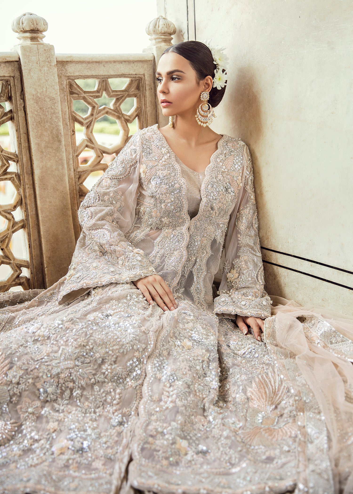 Pakistani Champagne Embellished Net Tissue Bridal Gown (2-Piece) - Image 4