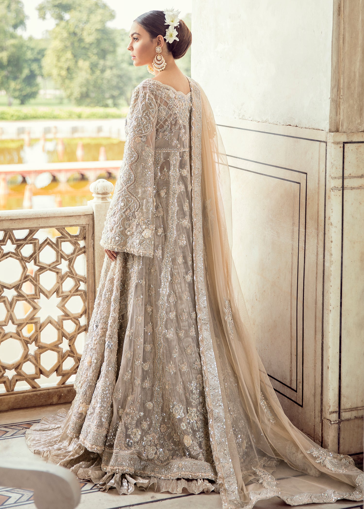 Pakistani Champagne Embellished Net Tissue Bridal Gown (2-Piece) - Image 5