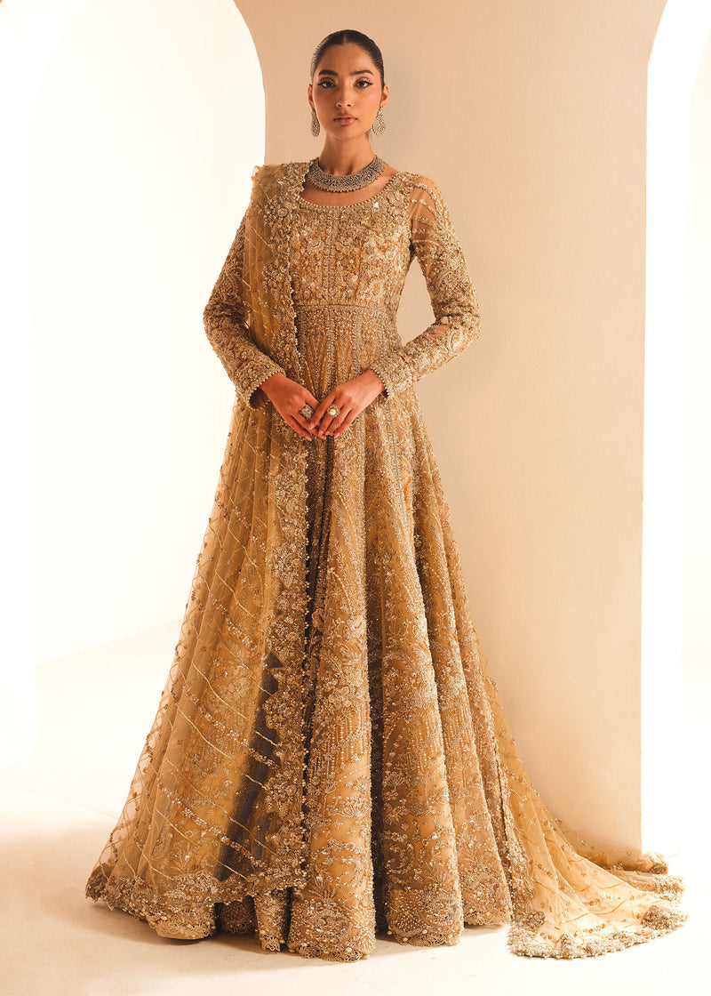 Indian Gold Embroidered Net Bridal Gown (3-Piece) - Image 1