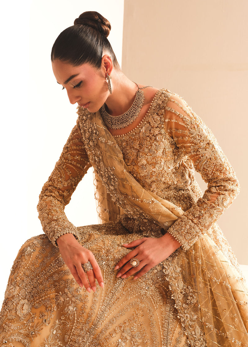 Indian Gold Embroidered Net Bridal Gown (3-Piece) - Image 7