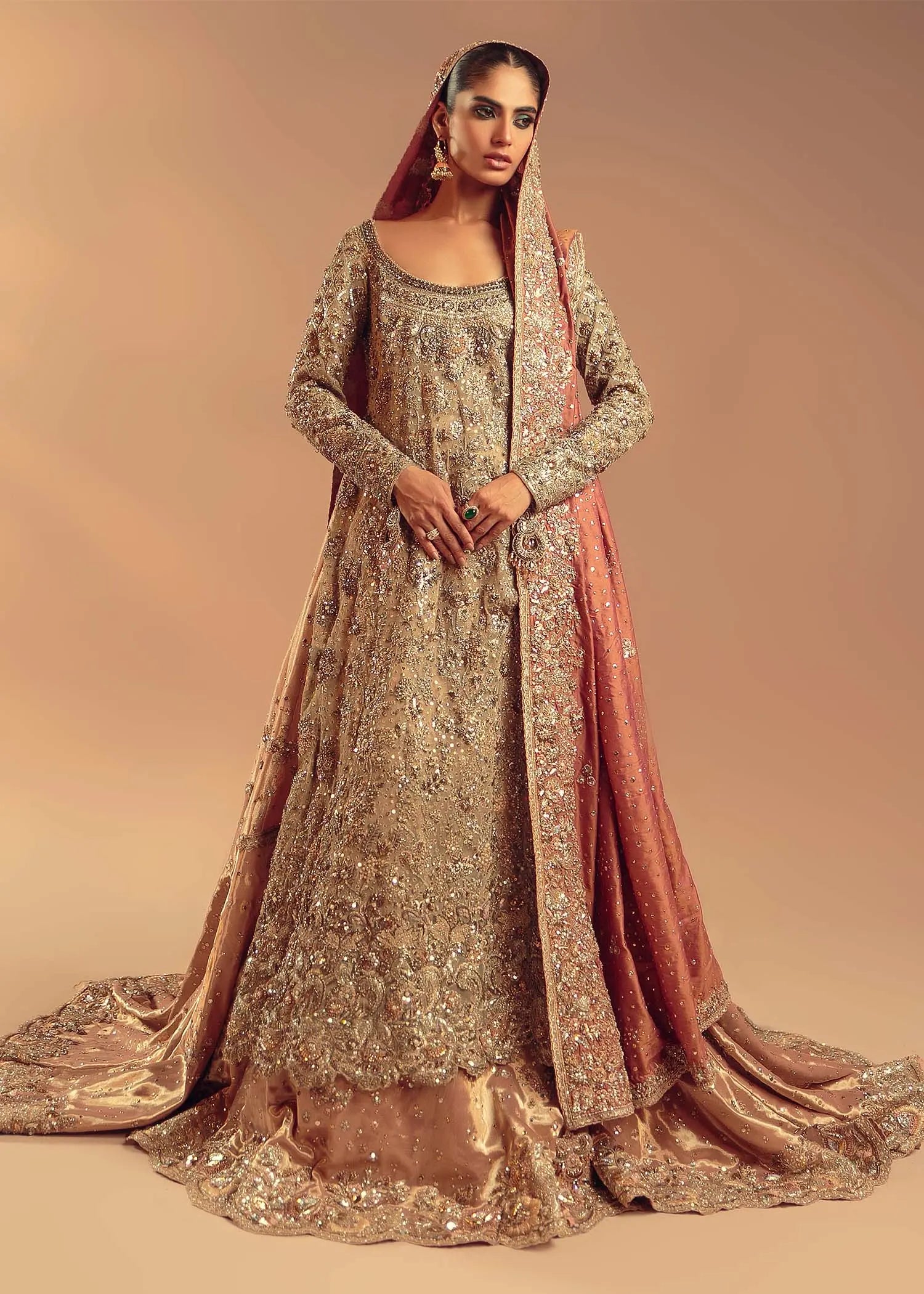 Champagne Gold Embellished Net Satin Bridal Gown (2-Piece) - Image 1