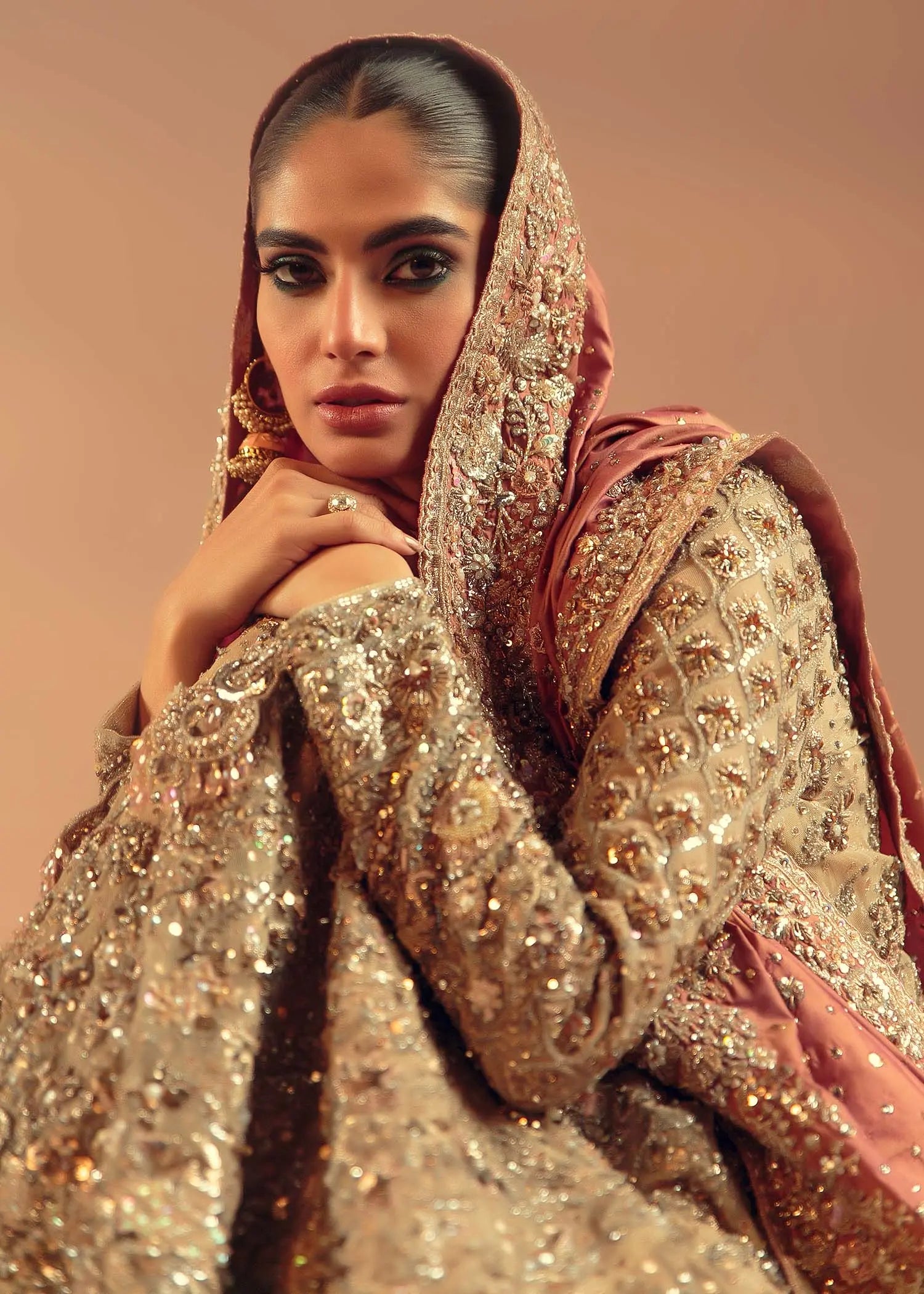 Champagne Gold Embellished Net Satin Bridal Gown (2-Piece) - Image 3