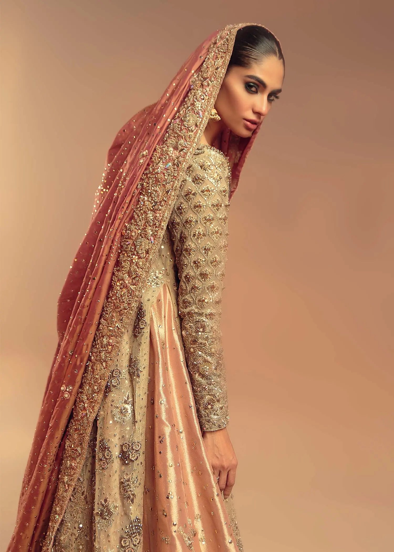 Champagne Gold Embellished Net Satin Bridal Gown (2-Piece) - Image 5