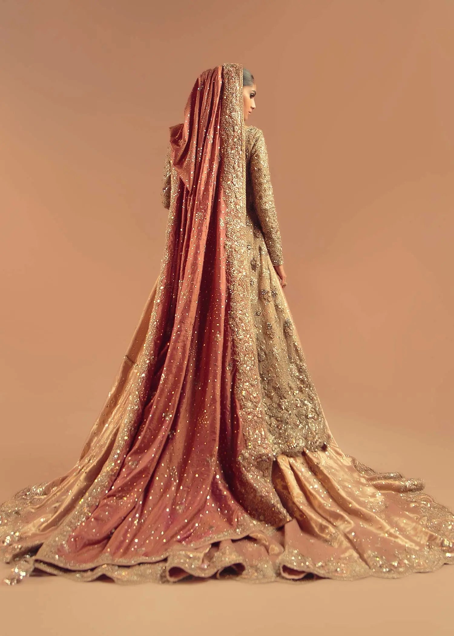 Champagne Gold Embellished Net Satin Bridal Gown (2-Piece) - Image 7