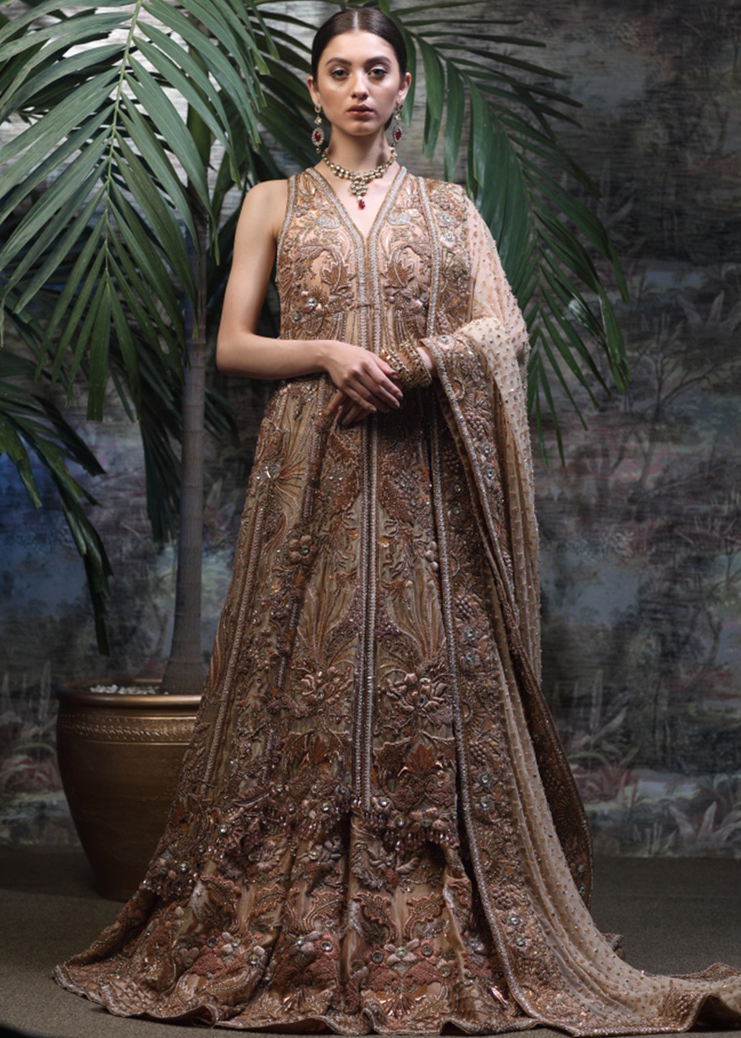 Pakistani Amber Gold Embellished Net Silk Bridal Gown (2-Piece) - Image 1