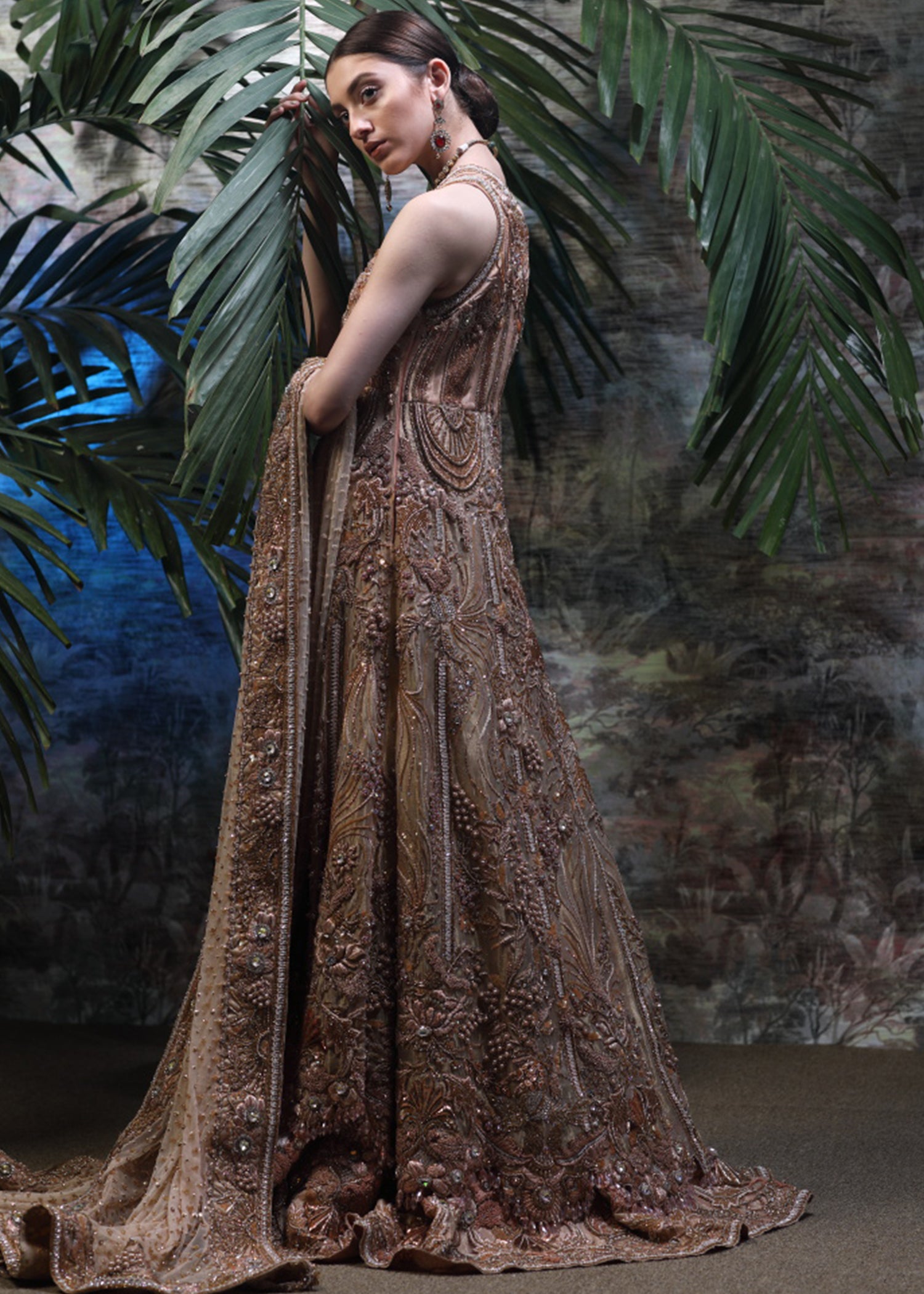 Pakistani Amber Gold Embellished Net Silk Bridal Gown (2-Piece) - Image 2