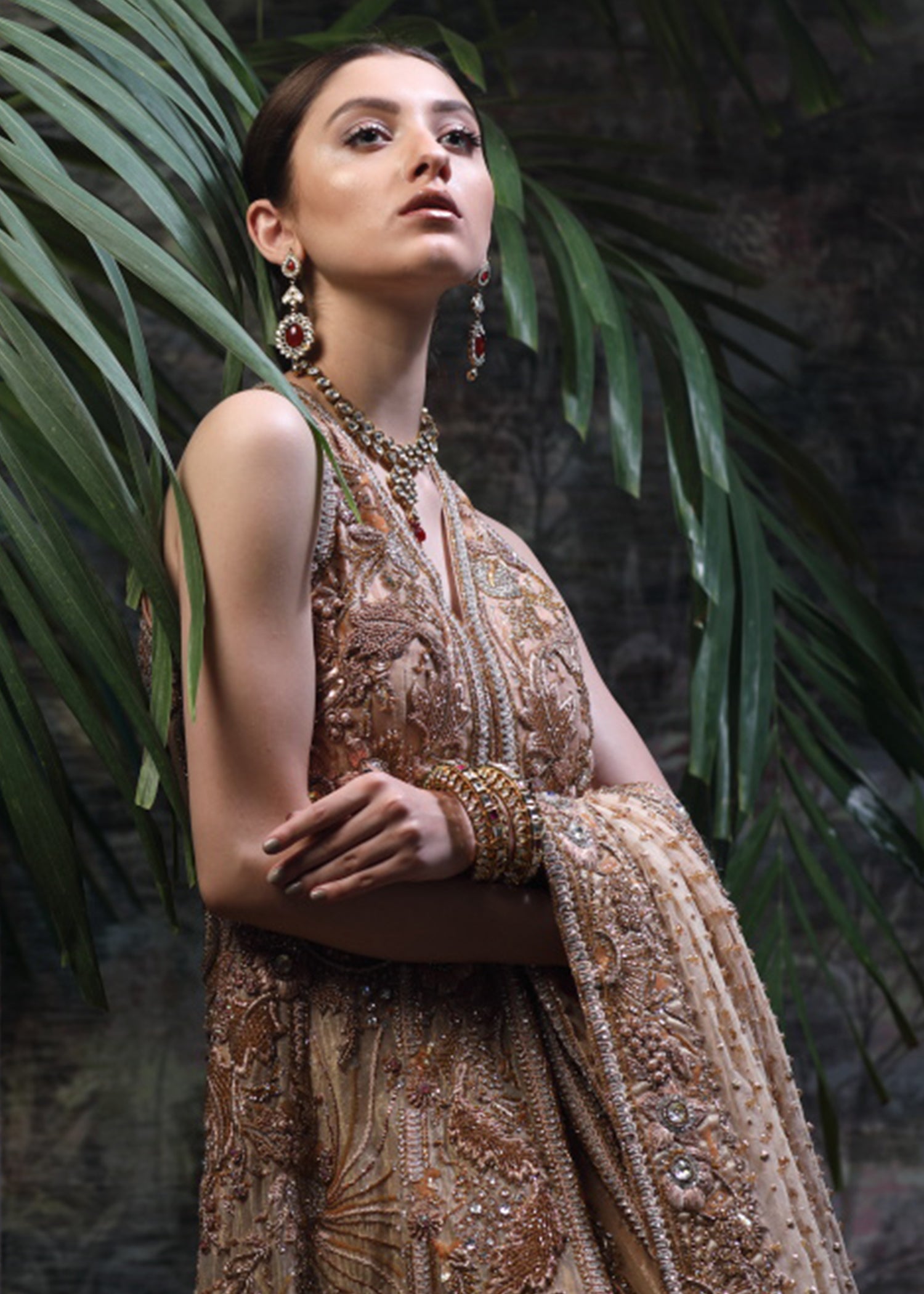 Pakistani Amber Gold Embellished Net Silk Bridal Gown (2-Piece) - Image 3