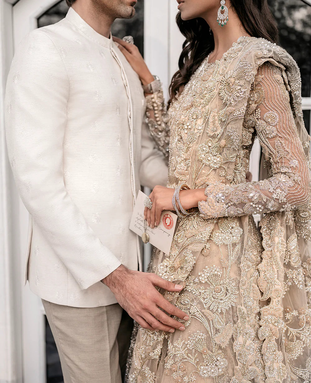 Champagne Embellished Net Silk Bridal Gown (1-Pc) - Image 10