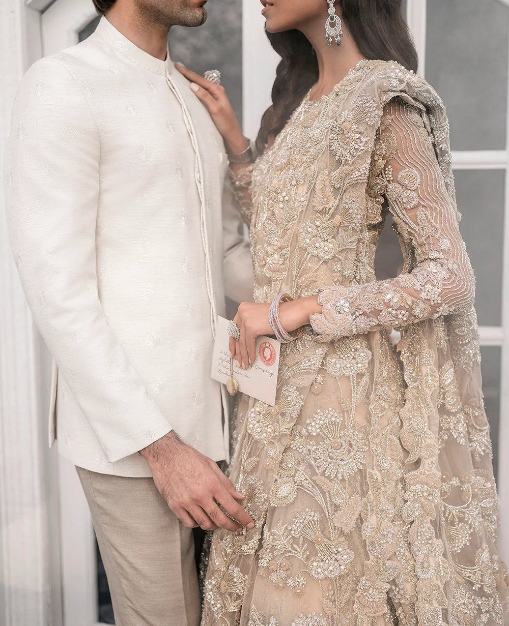 Champagne Embellished Net Silk Bridal Gown (1-Pc) - Image 11