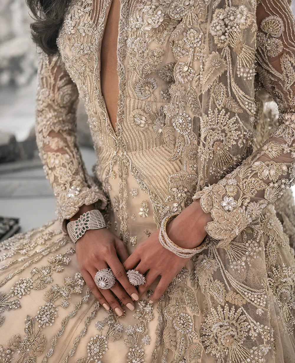 Champagne Embellished Net Silk Bridal Gown (1-Pc) - Image 14