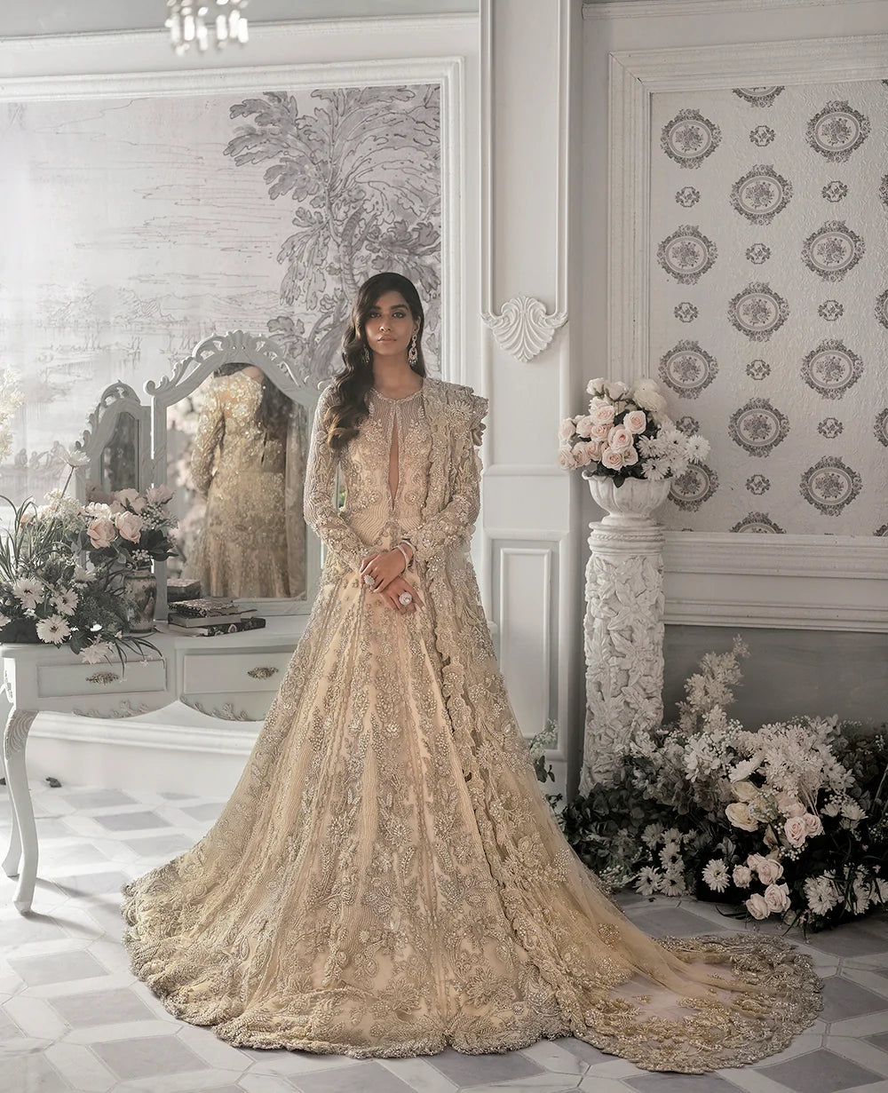 Champagne Embellished Net Silk Bridal Gown (1-Pc) - Image 2