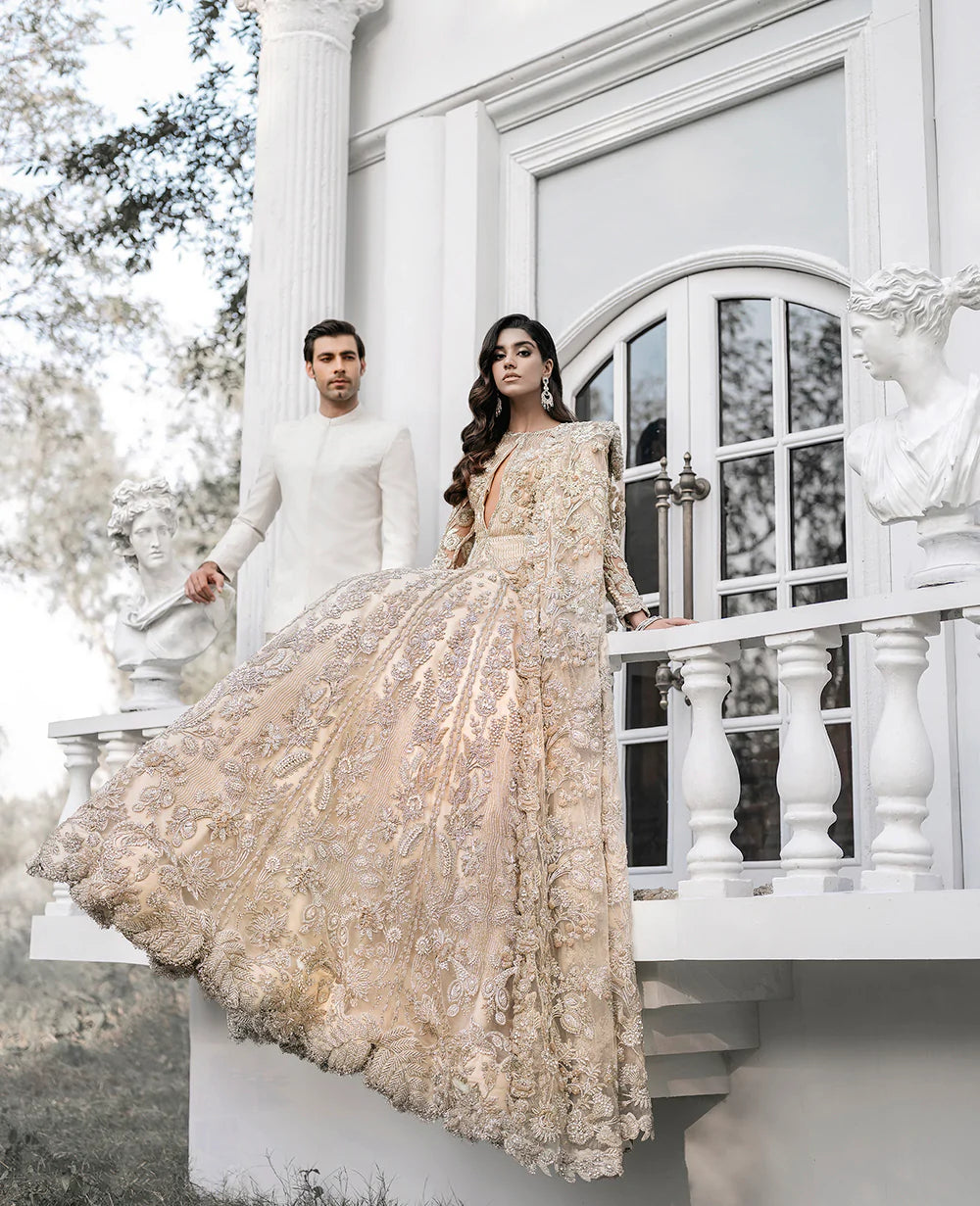 Champagne Embellished Net Silk Bridal Gown (1-Pc) - Image 7