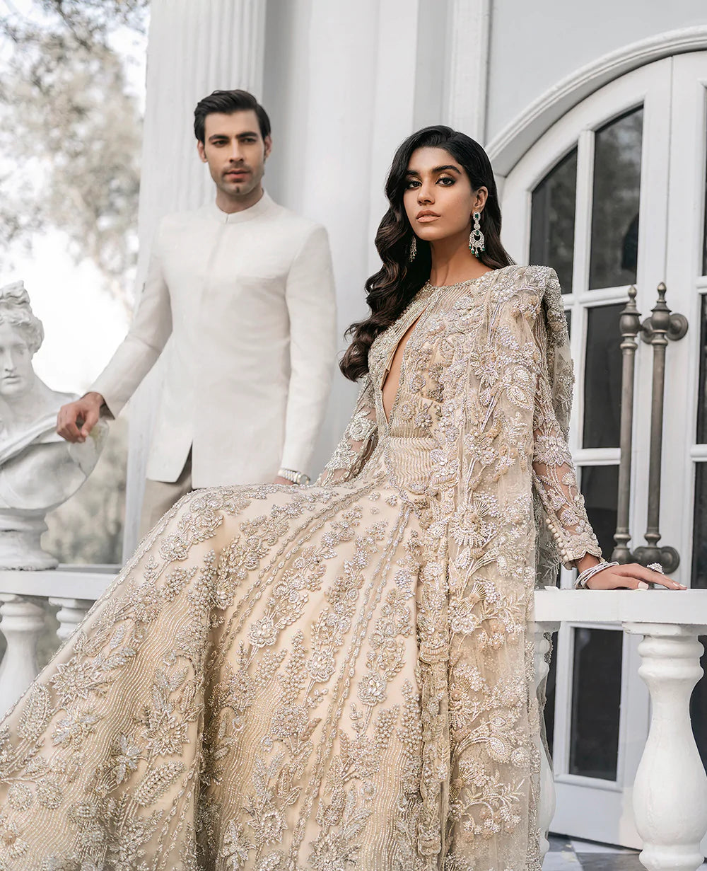 Champagne Embellished Net Silk Bridal Gown (1-Pc) - Image 8