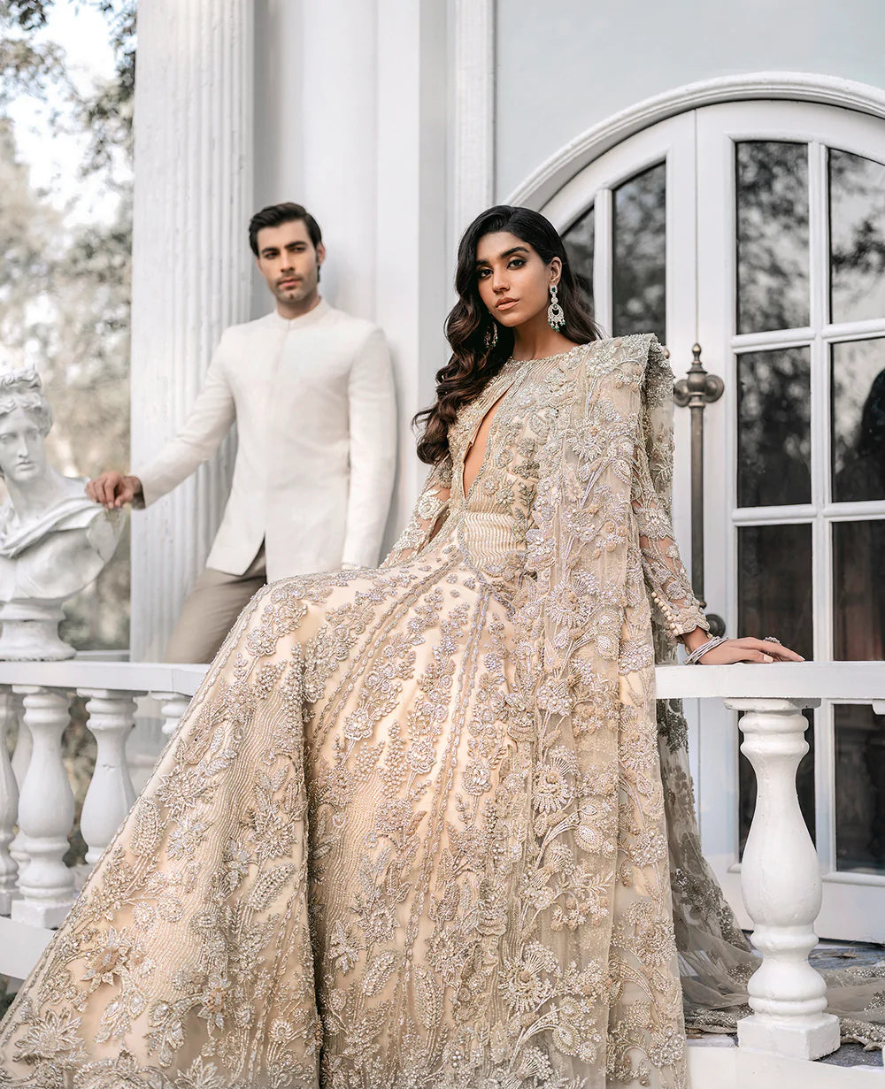 Champagne Embellished Net Silk Bridal Gown (1-Pc) - Image 9