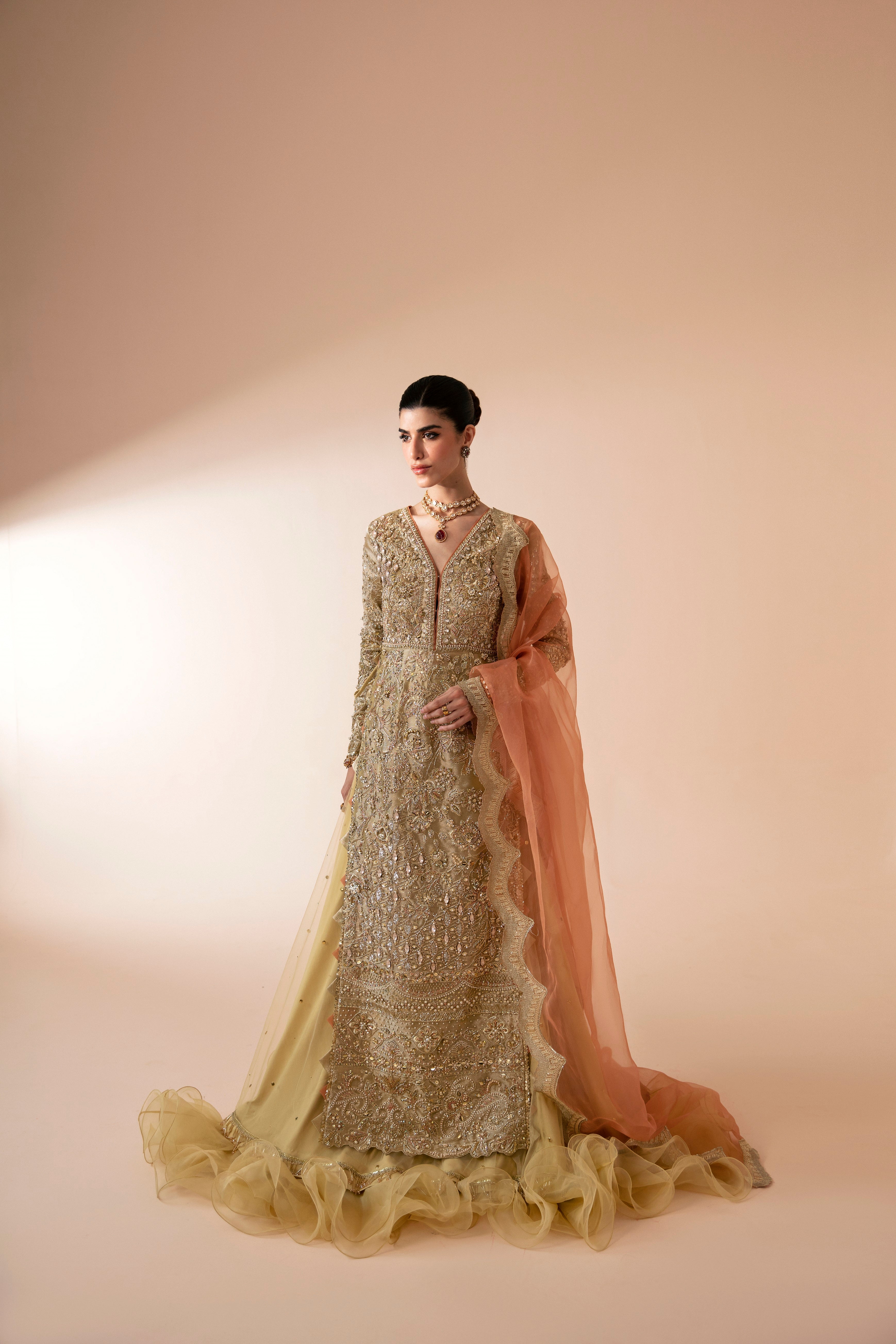 Golden Embellished Net Bridal Gown (2-Piece) - Image 1