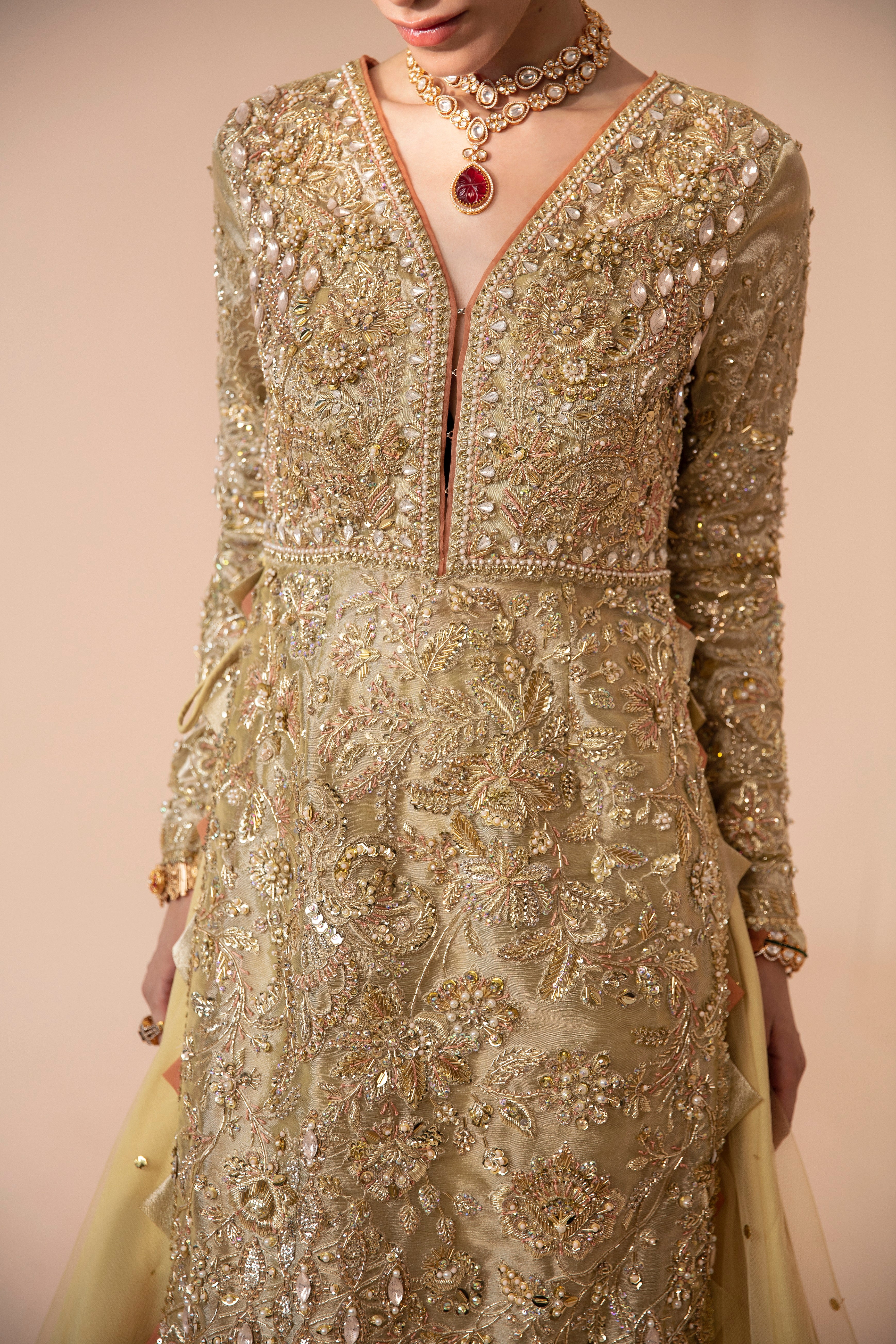 Golden Embellished Net Bridal Gown (2-Piece) - Image 3