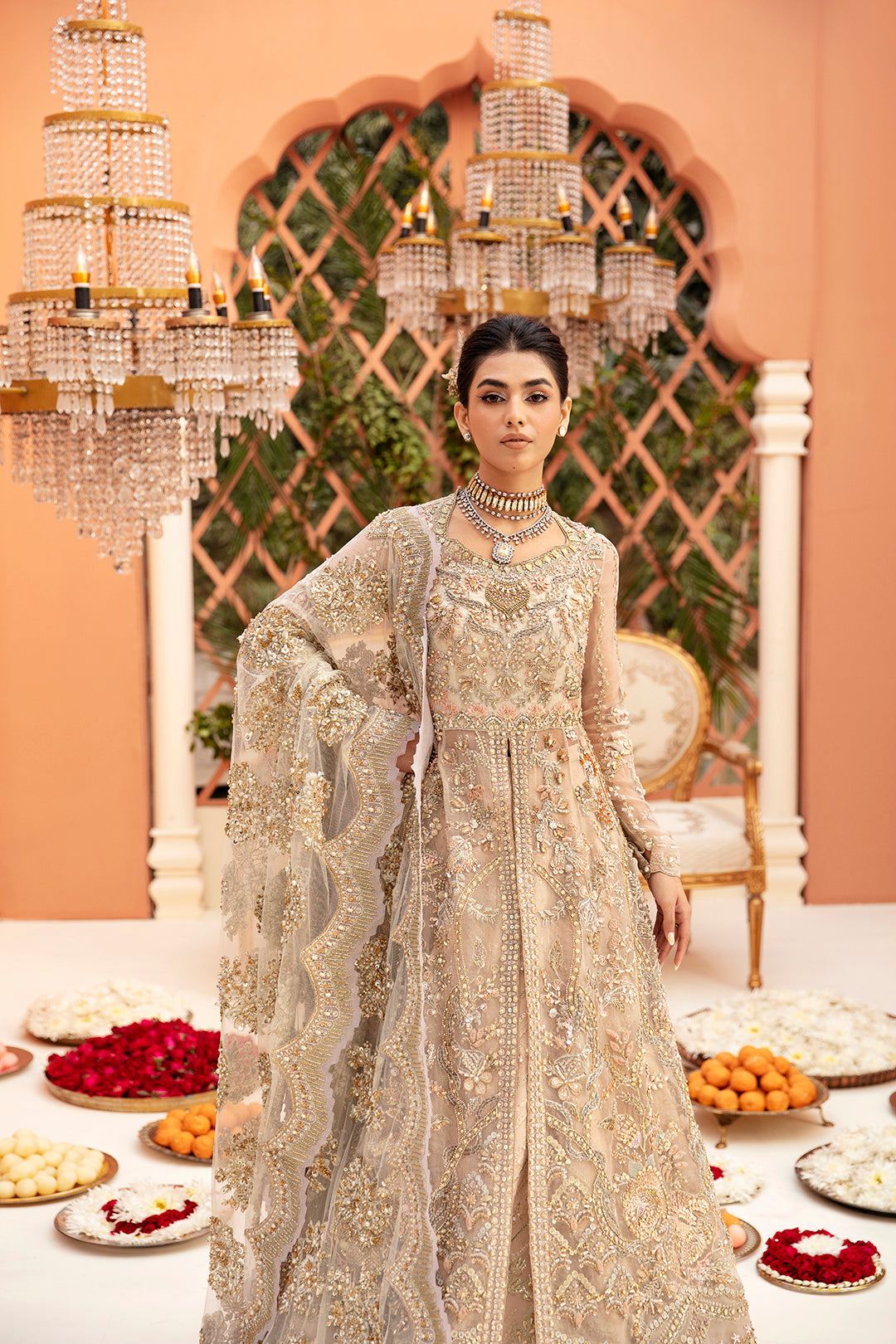 Pakistani Dust Gold Embroidered Net Bridal Gown (2-Piece) - Image 4