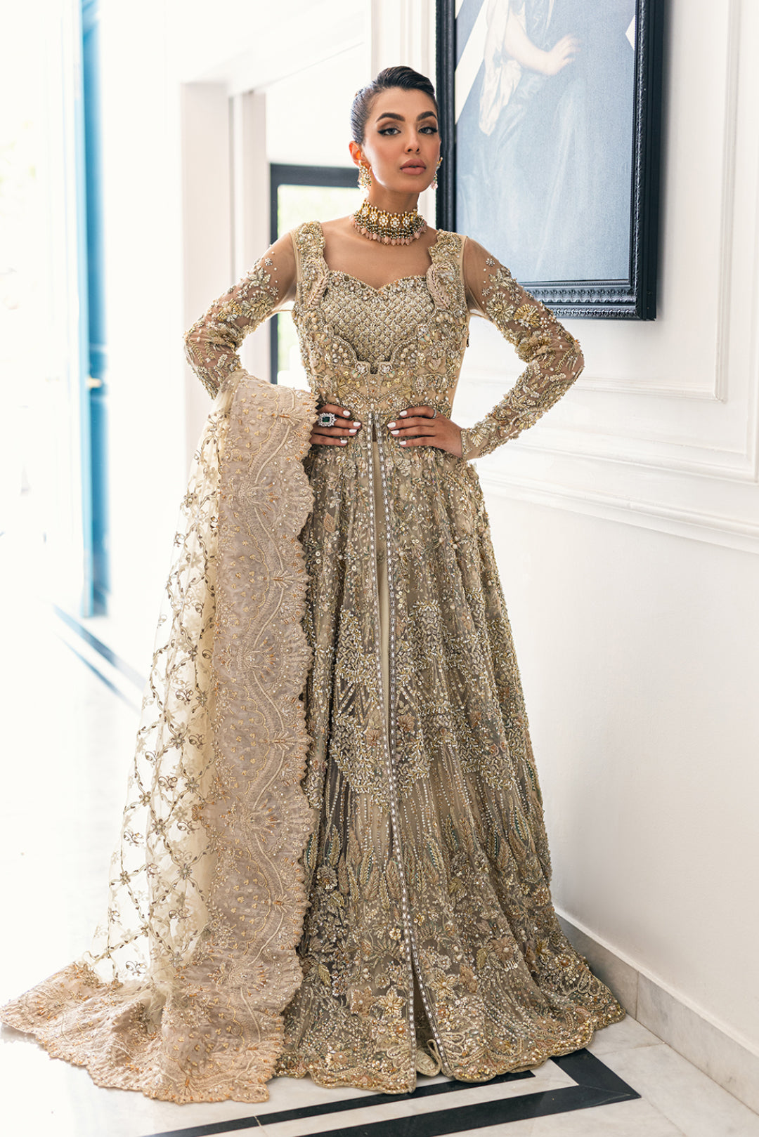 Pakistani Antique Gold Embellished Net Silk Bridal Gown (2-Piece) - Image 1