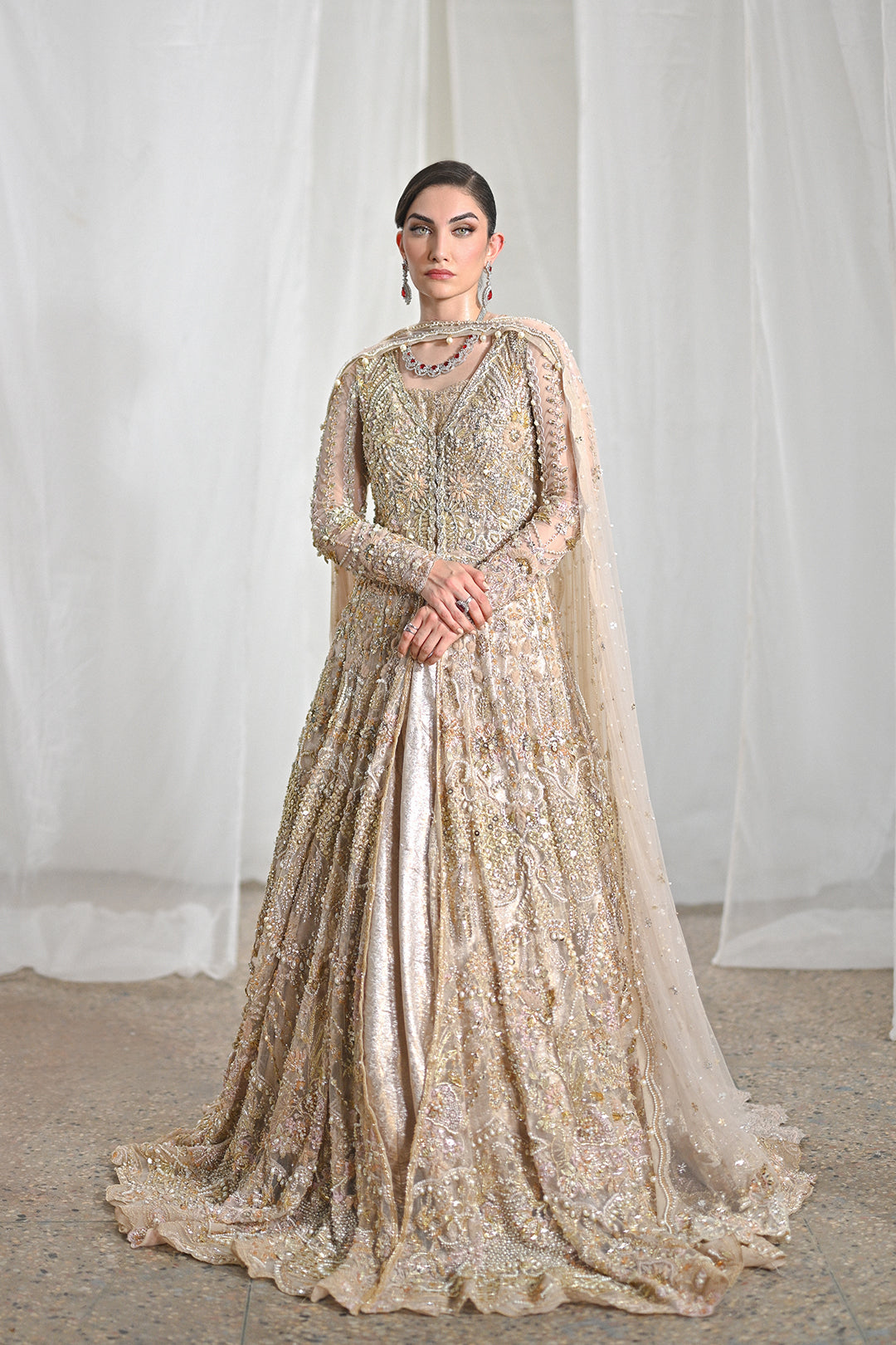 Pakistani Rose Gold Embellished Net Bridal Gown (2-Piece) - Image 1