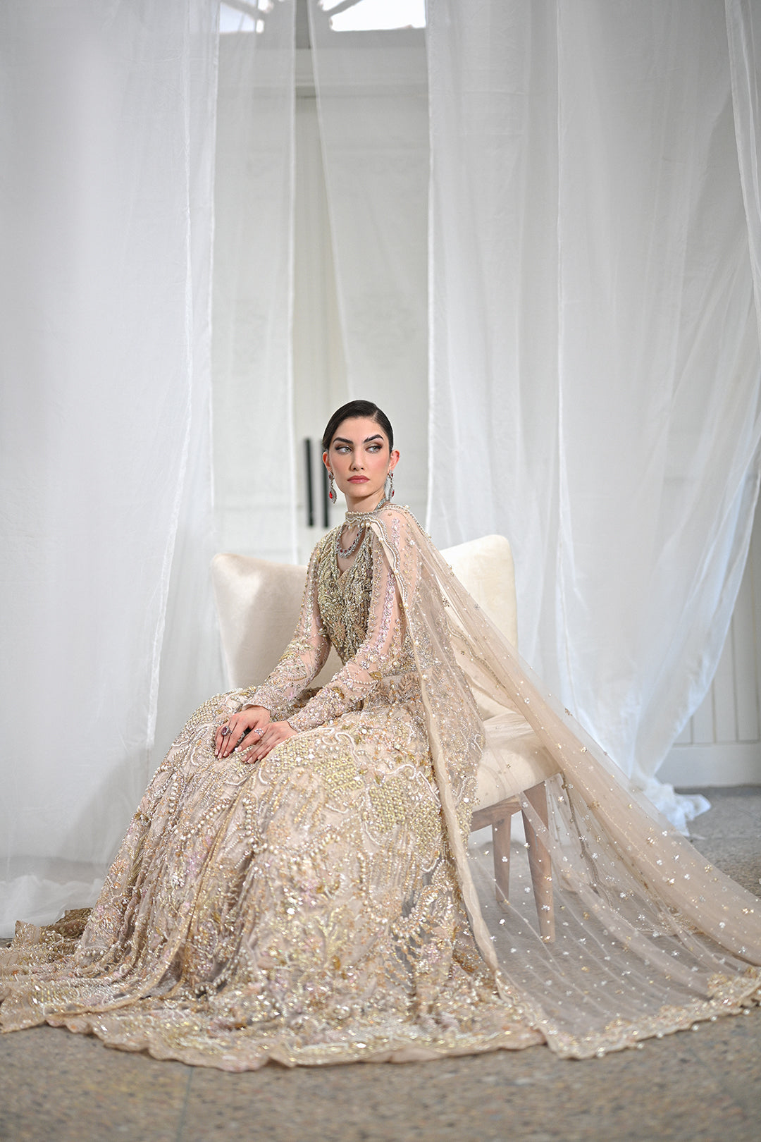 Pakistani Rose Gold Embellished Net Bridal Gown (2-Piece) - Image 3