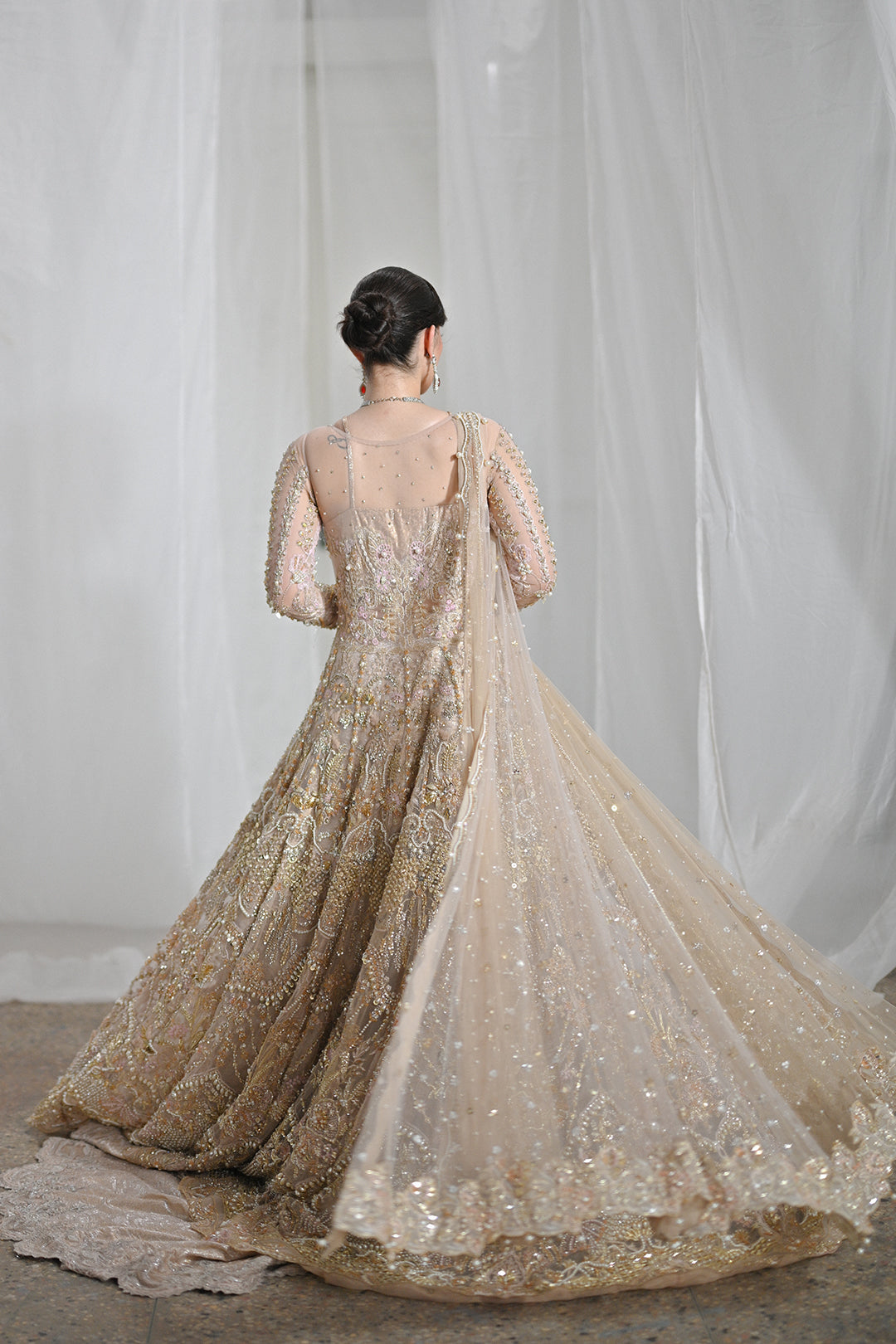 Pakistani Rose Gold Embellished Net Bridal Gown (2-Piece) - Image 4
