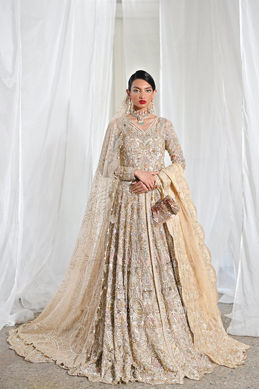 Golden Embellished Net Bridal Gown (2-Piece) - Image 1