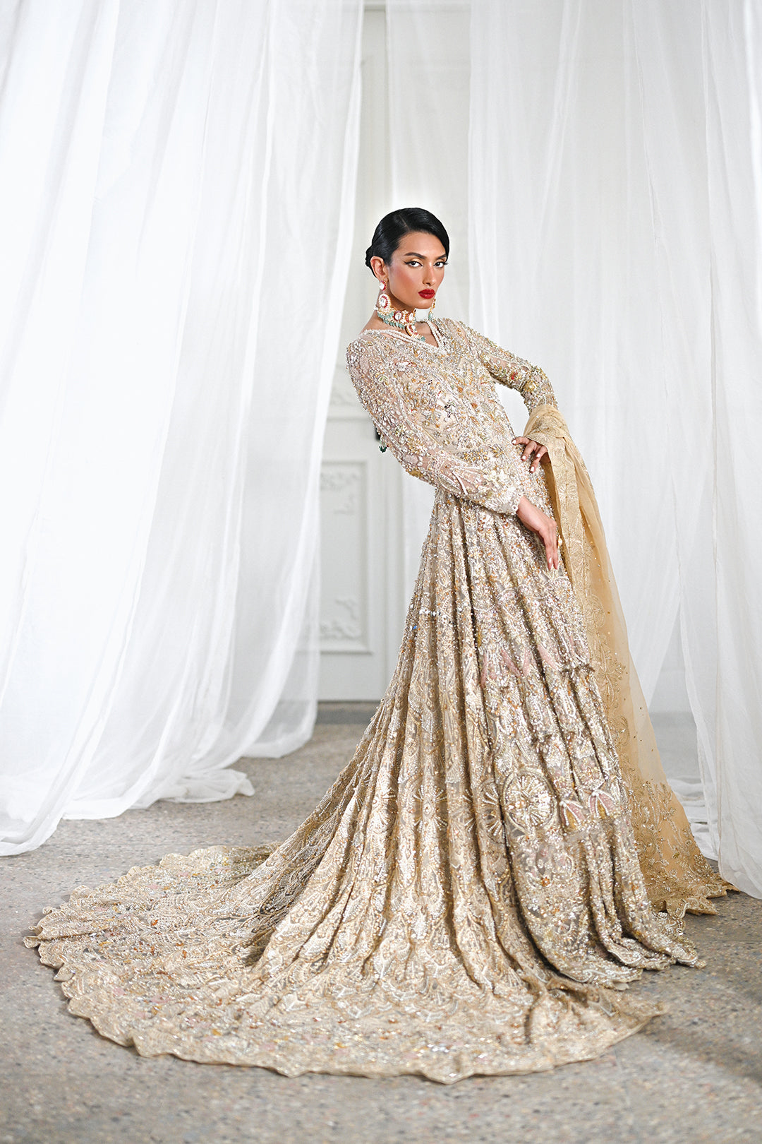 Golden Embellished Net Bridal Gown (2-Piece) - Image 3