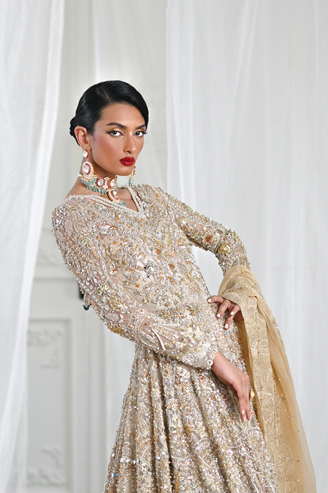 Golden Embellished Net Bridal Gown (2-Piece) - Image 4