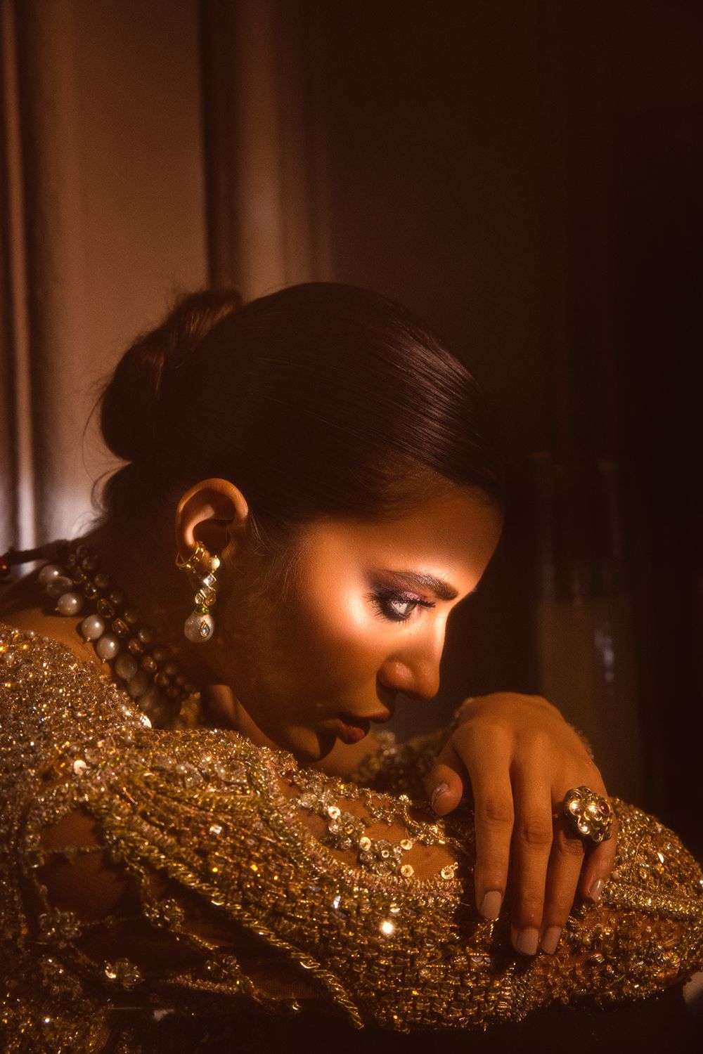 Pakistani Antique Gold Embellished Net Silk Bridal Gown (1-Pc) - Image 3