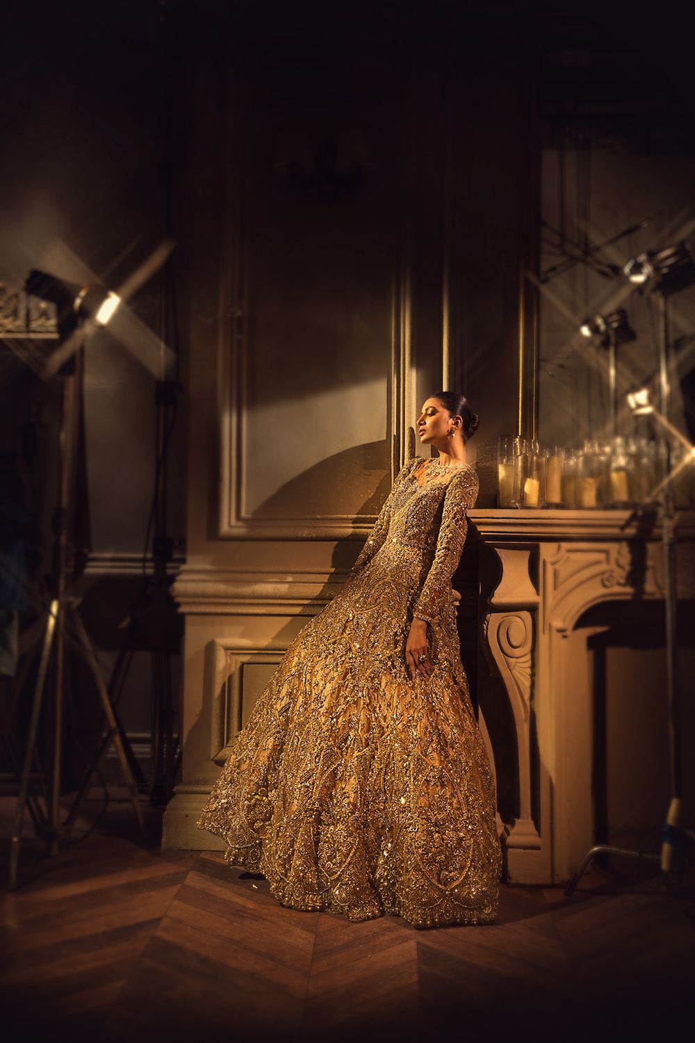 Pakistani Antique Gold Embellished Net Silk Bridal Gown (1-Pc) - Image 5