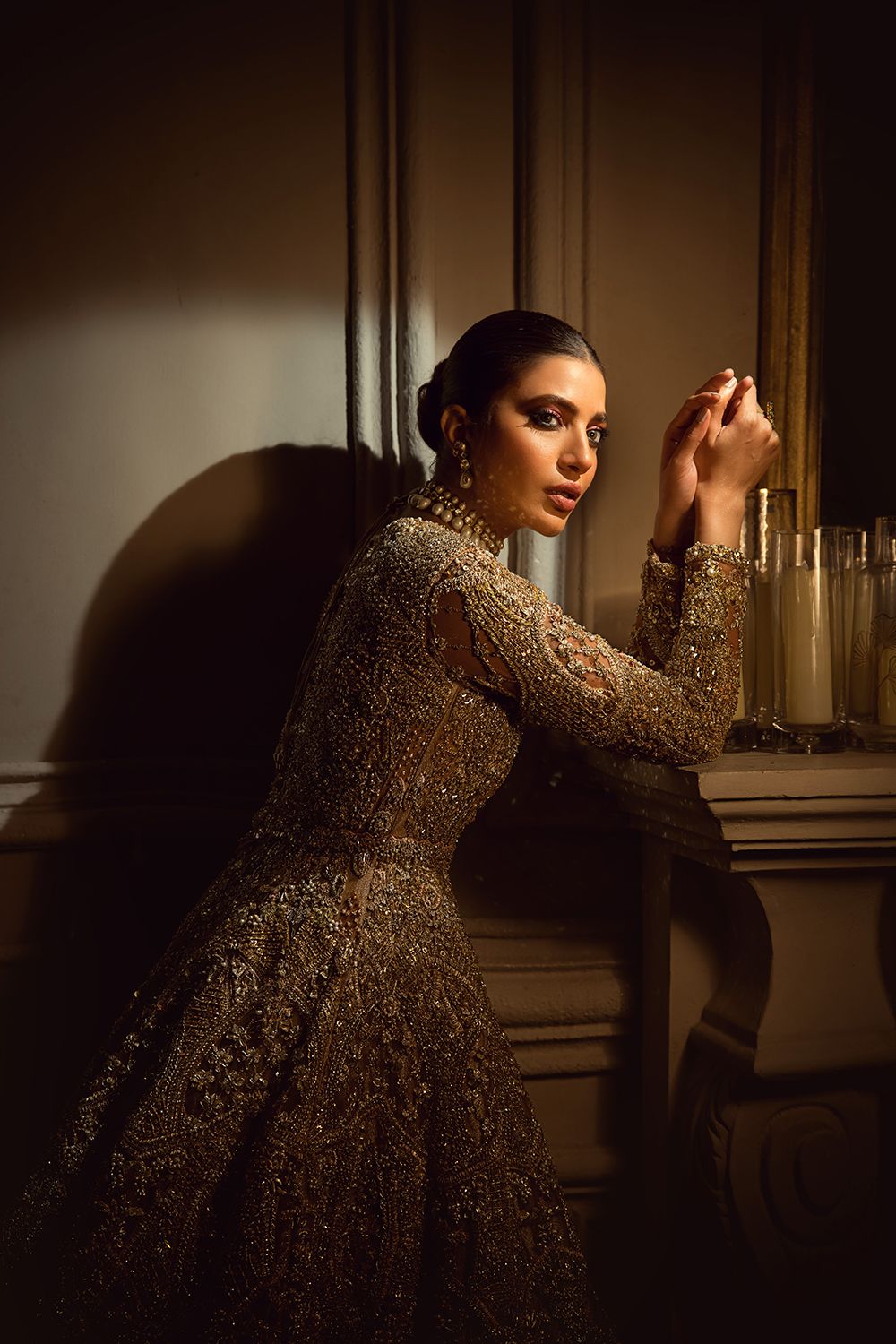 Pakistani Antique Gold Embellished Net Silk Bridal Gown (1-Pc) - Image 7