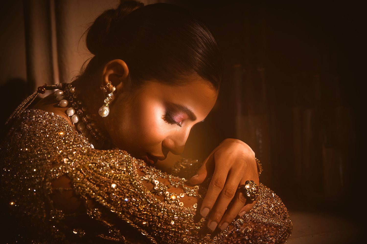 Pakistani Antique Gold Embellished Net Silk Bridal Gown (1-Pc) - Image 8