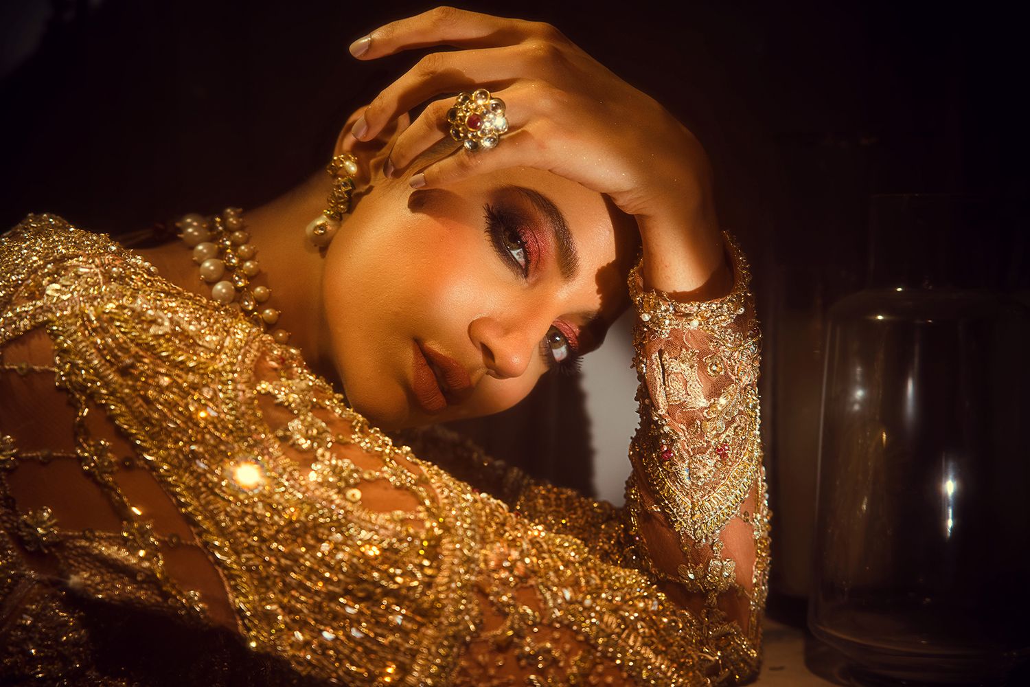 Pakistani Antique Gold Embellished Net Silk Bridal Gown (1-Pc) - Image 9