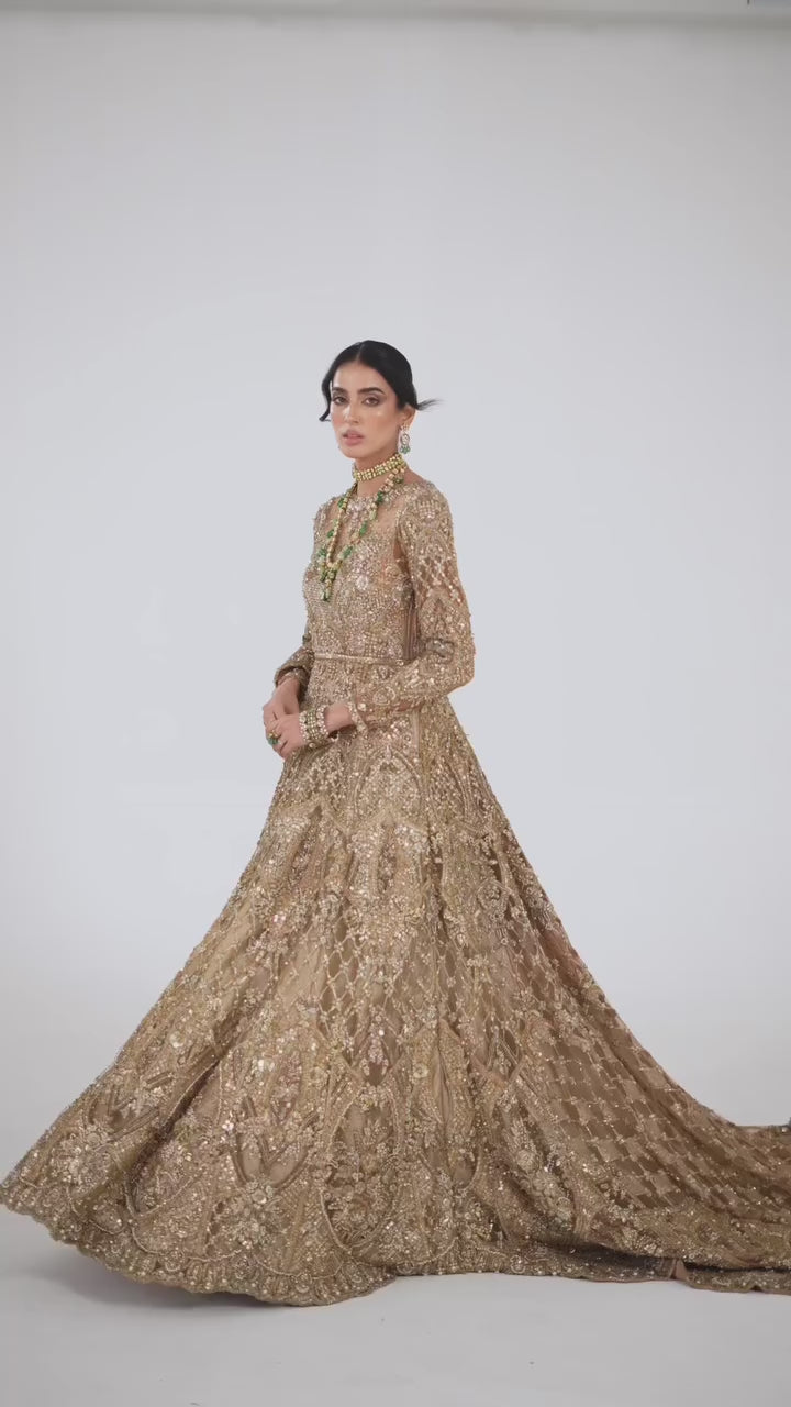 Pakistani Rust Gold Embellished Net Silk Bridal Gown (2-Piece) - Image 7
