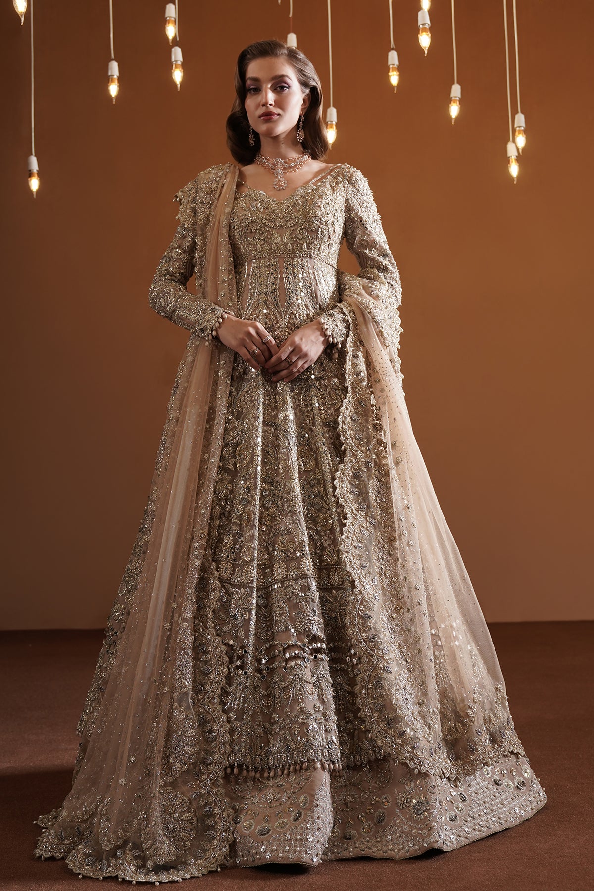 Pakistani Champagne Gold Embellished Net Bridal Gown (2-Piece) - Image 1