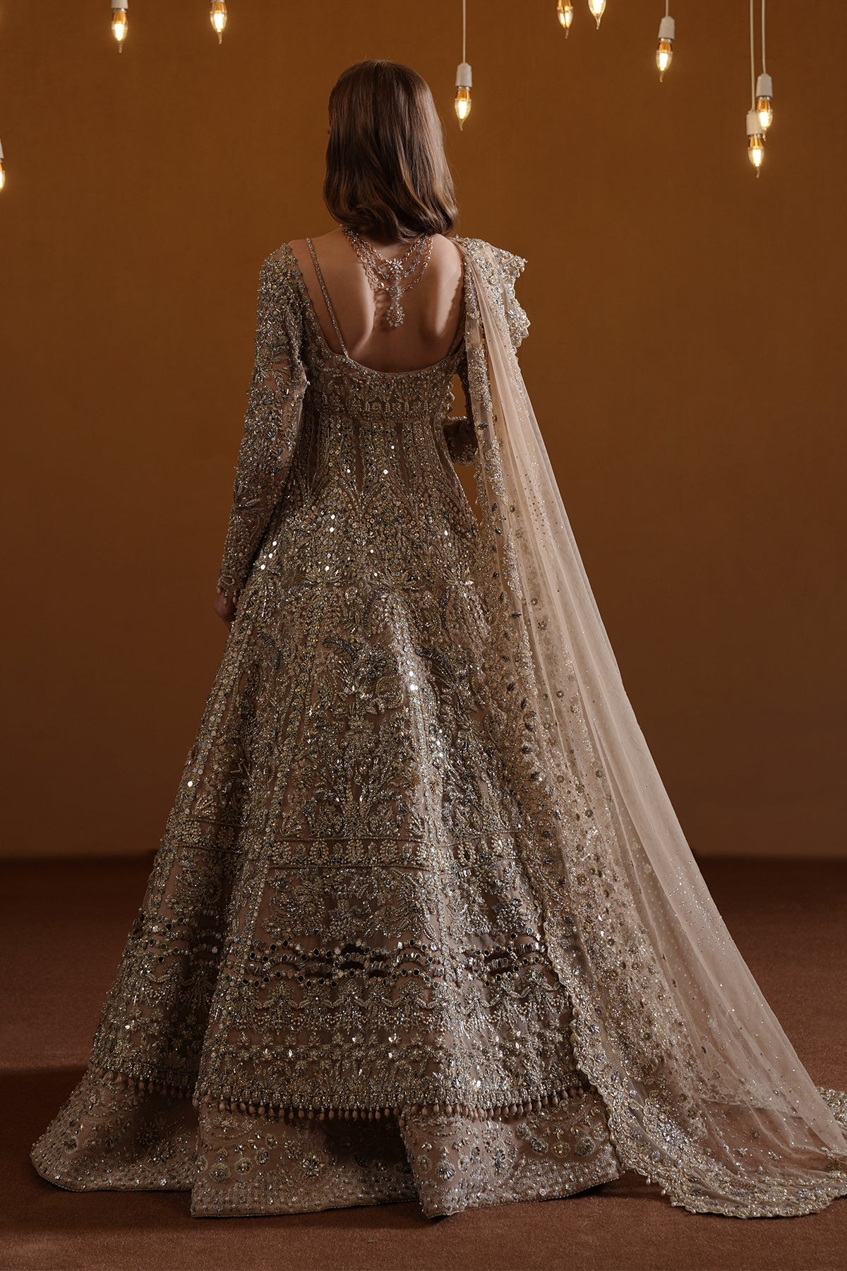 Pakistani Champagne Gold Embellished Net Bridal Gown (2-Piece) - Image 2