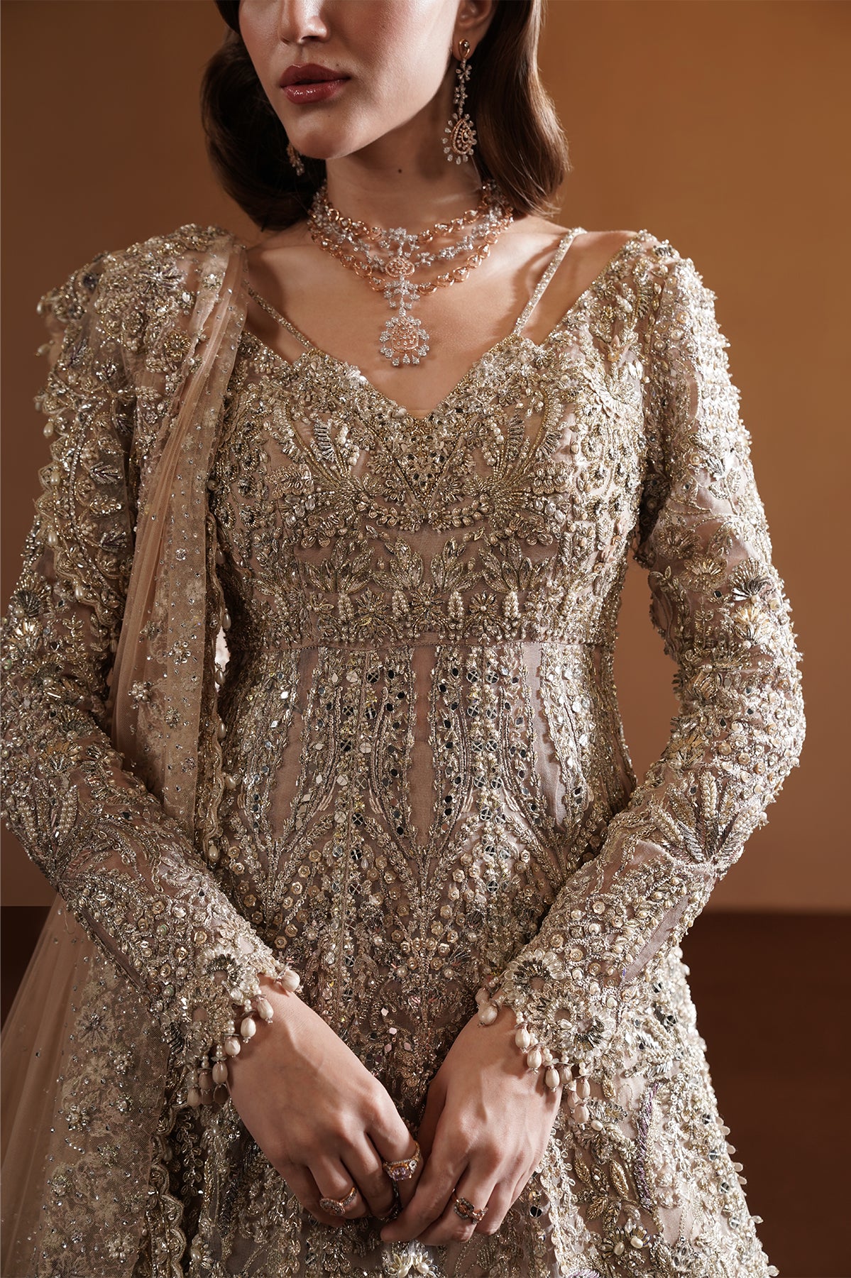 Pakistani Champagne Gold Embellished Net Bridal Gown (2-Piece) - Image 3