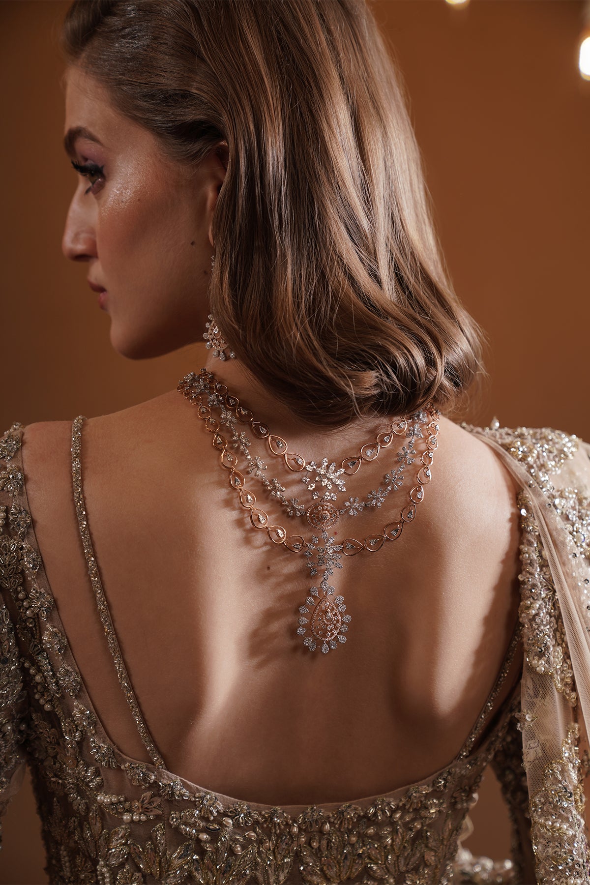 Pakistani Champagne Gold Embellished Net Bridal Gown (2-Piece) - Image 4