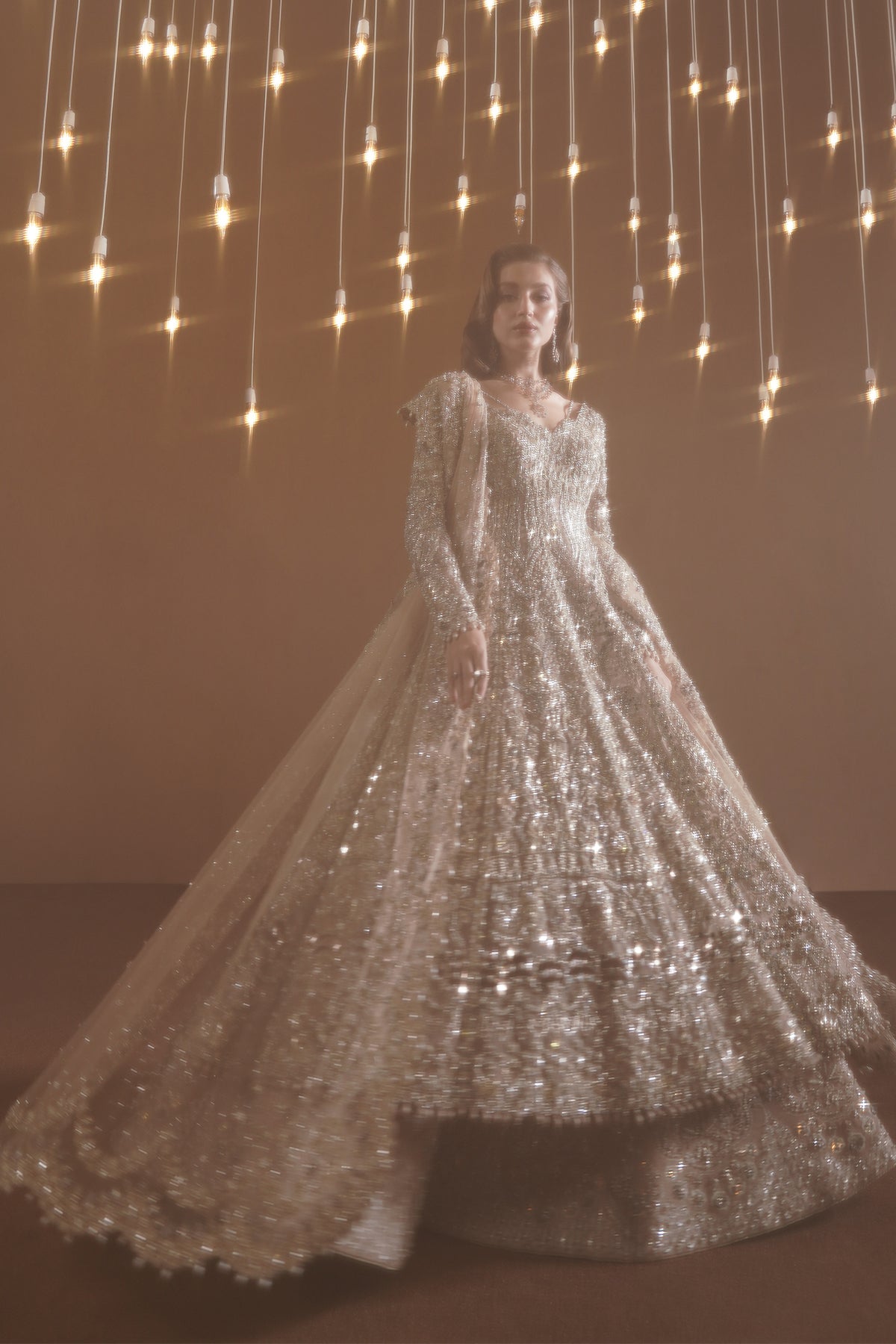 Pakistani Champagne Gold Embellished Net Bridal Gown (2-Piece) - Image 6